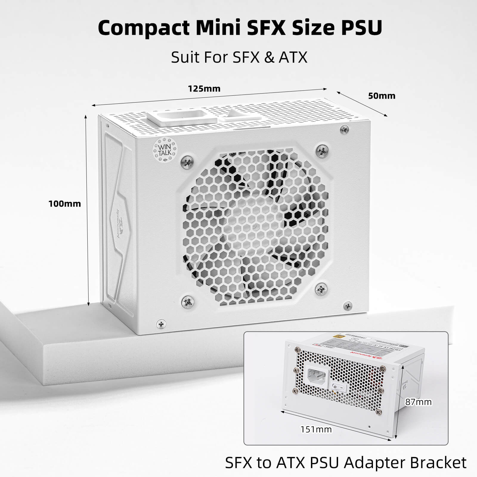Redragon PSU014 80+ Gold 650 Watt SFX Fully Modular Power Supply, 80 Plus Certified, 100% Japanese Capacitors & Low Noise Smart-ECO 0 RPM Fan, Full Mod Cables w/ATX Compatible Panel, White