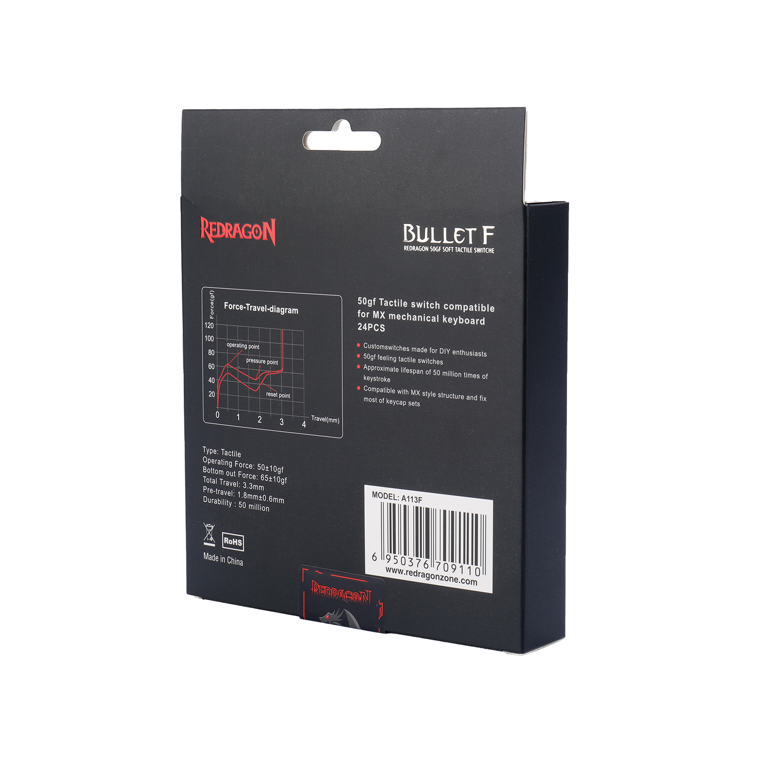 Redragon A113 Bullet-F Tactile Mechanical Switch, Hot-Swappable DIY Keyboard Clicky Switch Mod, 50 Million Click(24 pcs Switches, Keycap + Switch Puller)