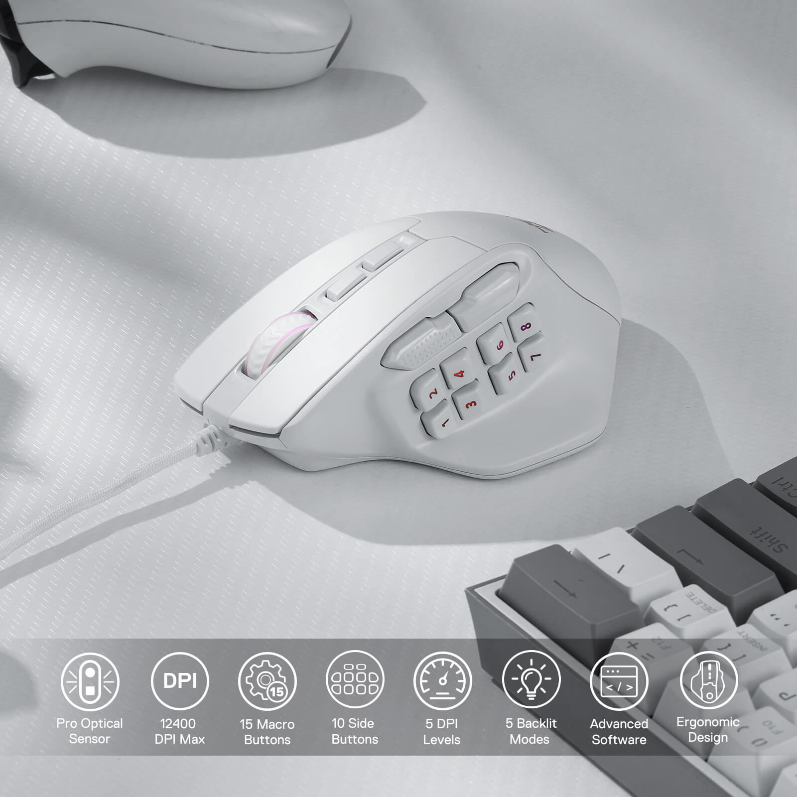 Redragon M811 Aatrox MMO Gaming Mouse, 15 Programmable Buttons Wired RGB Gamer Mouse w/ Ergonomic Natural Grip Build, 10 Side Macro Keys, Software Supports DIY Keybinds & Backlit