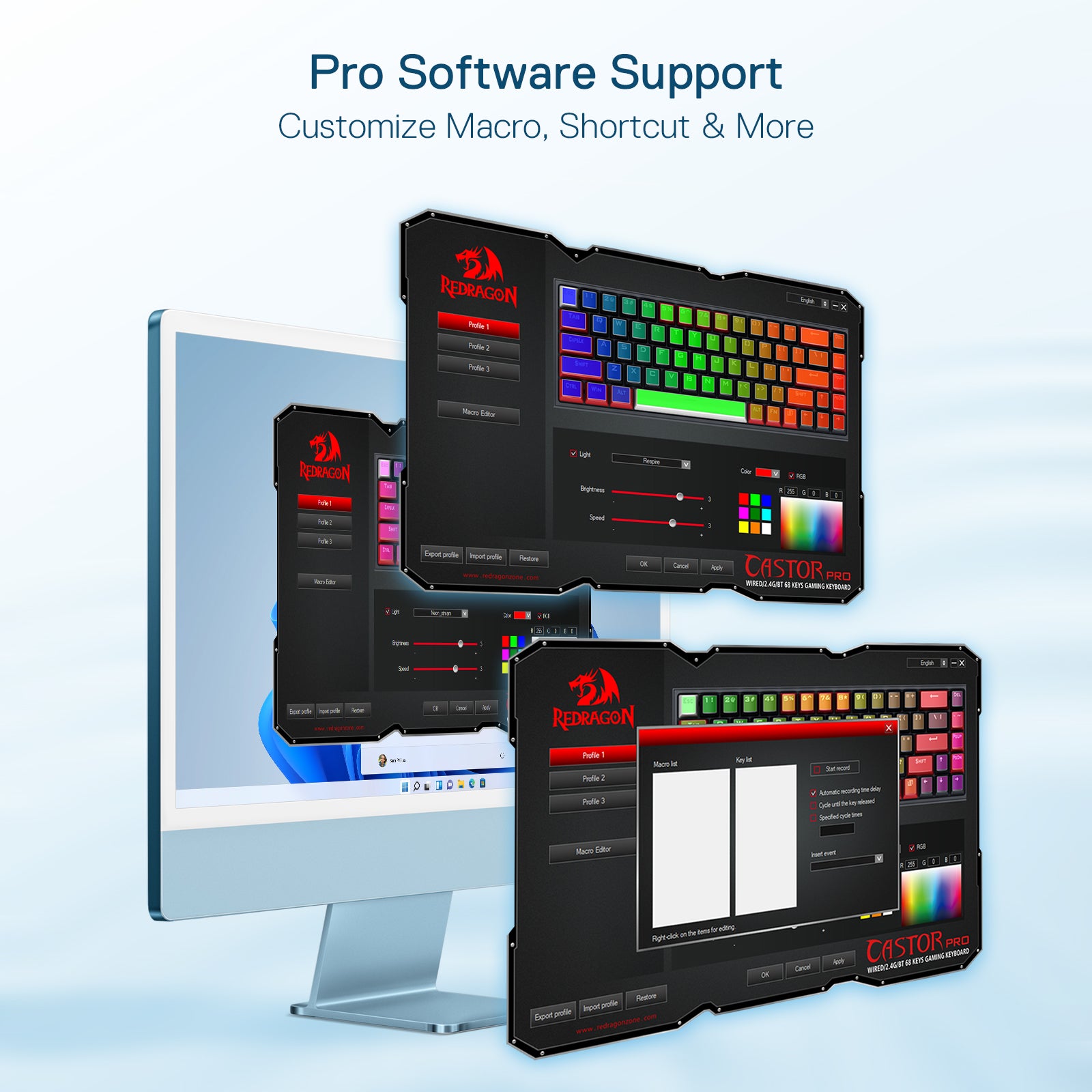 Redragon K631 PRO 65% Keyboard Gaming RGB Nirkabel 3 Mode, Keyboard Mekanik Sepenuhnya Transparan Ringkas 68 Tombol dengan Soket PCB Hot-Swap Free-Mod, Sakelar Kustom Translusen