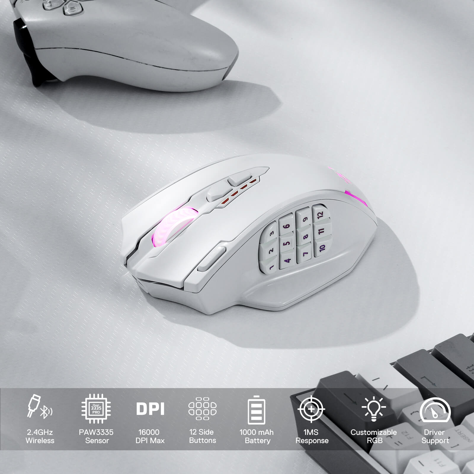 Redragon M913 Impact Elite Wireless Gaming Mouse, 16000 DPI Mouse Gaming RGB Kabel/Nirkabel dengan 16 Tombol yang Dapat Diprogram
