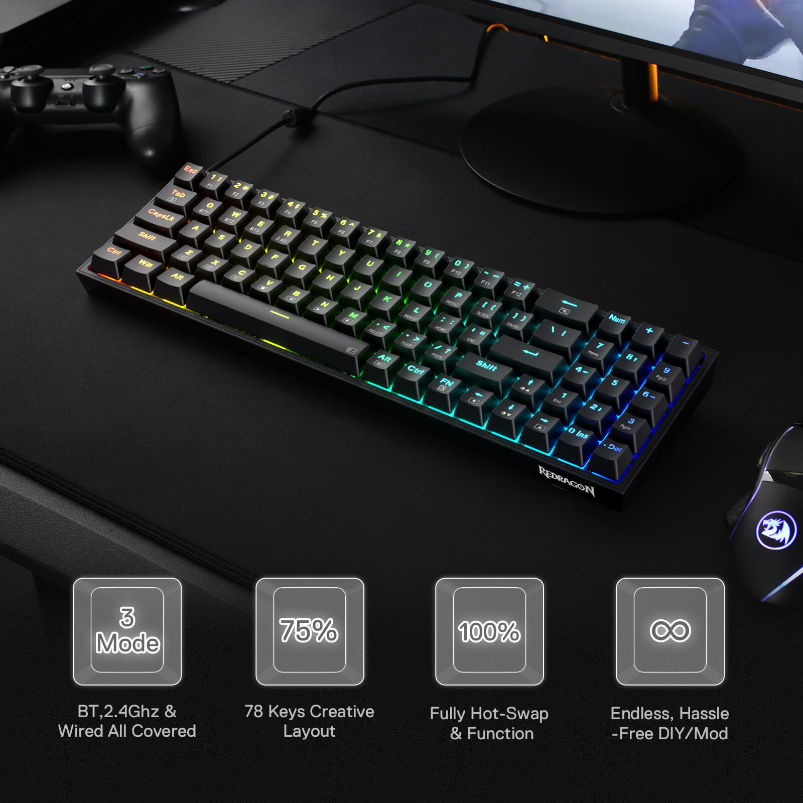 Redragon BS136 Tri-Mode Gaming Keyboard & Mouse Combo compact with 2.4Ghz wireless, BT3.0/5.0, Type-C Wired connection tech