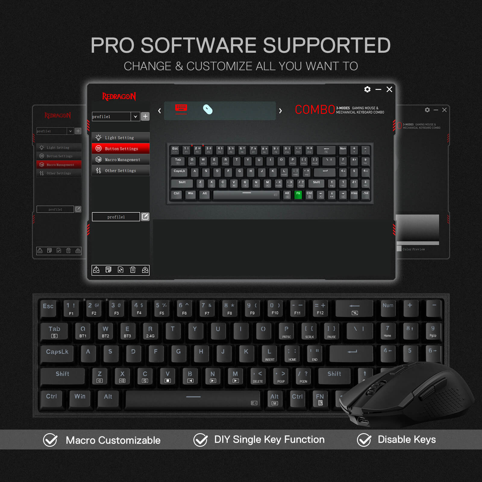 Redragon BS136 Tri-Mode Gaming Keyboard & Mouse Combo compact with 2.4Ghz wireless, BT3.0/5.0, Type-C Wired connection tech