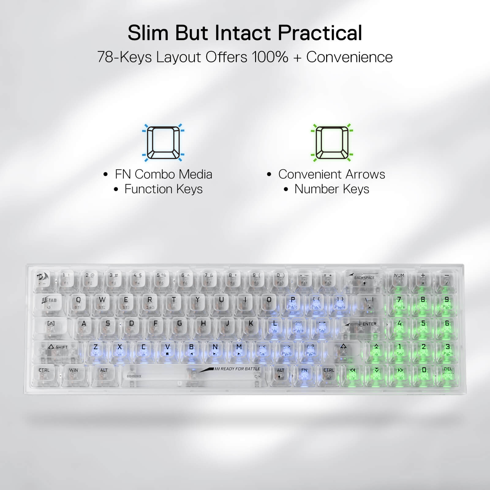Redragon K628 PRO SE 75% 3-Mode Wireless RGB Gaming Keyboard, 78 Keys Full-Transparent Hot-Swap Compact Mechanical Keyboard w/Upgraded Socket, Dedicated Arrow Keys & Numpad, Translucent Custom Switch