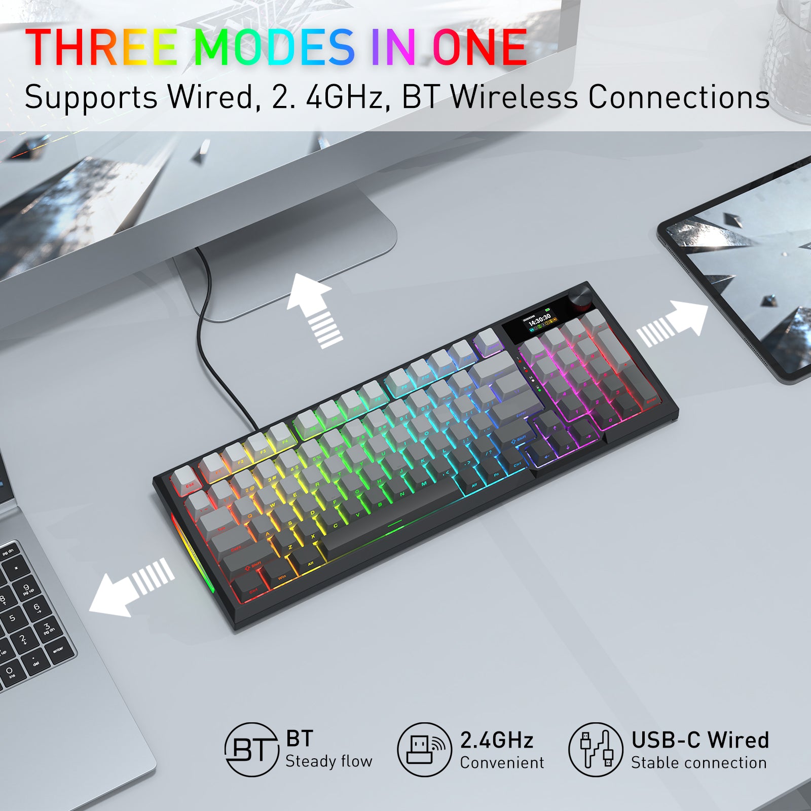 K725SP-RGB-PRO Papan ketik mekanis gasket 3 mode 98+1 dengan layar LCD
