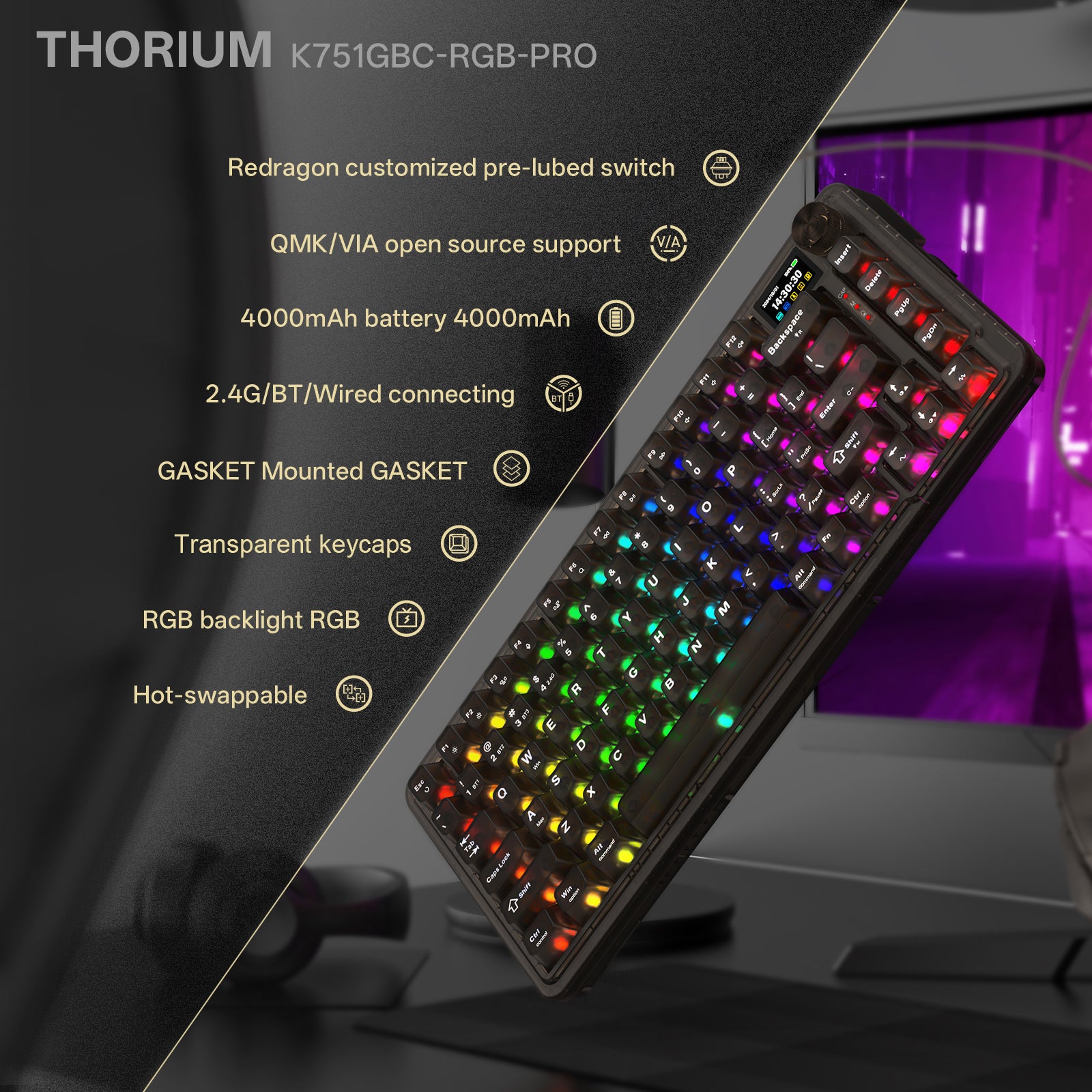 KEYBOARD MEKANIS QMK HORIUM K751CTB-RGB-PRO 3 MODE 75% GASKET MOUNTED