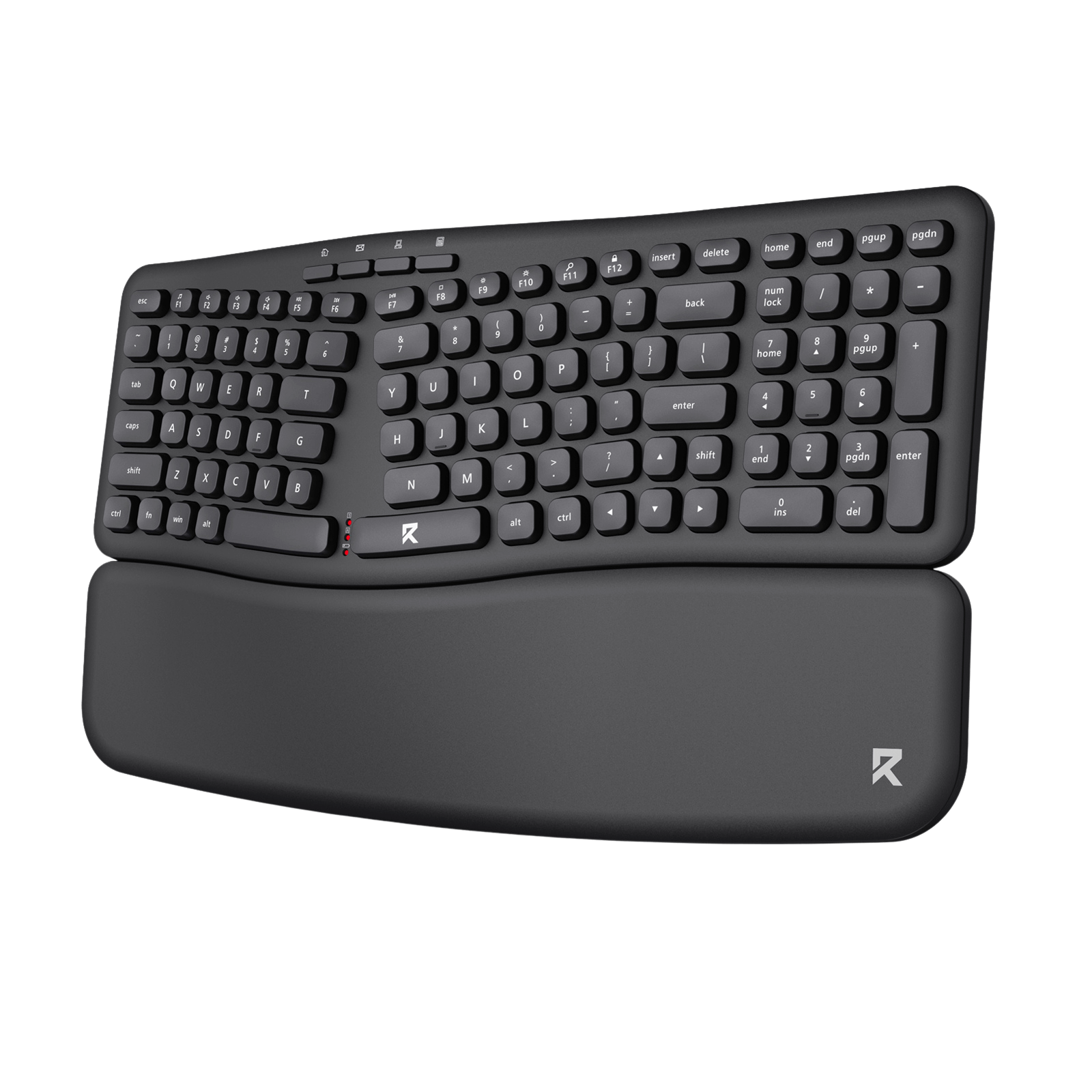 Black ergonomic keyboard with wrist rest on a black background