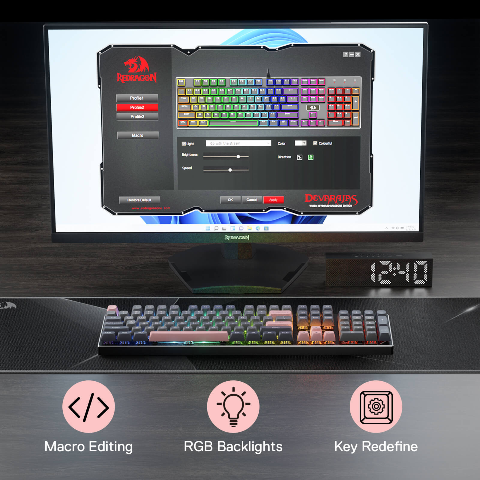 Redragon K556 SE Wired Gaming Keyboard, 104 Keys Hot-Swap Mechanical Keyboard w/Original Aluminum Base, Upgraded Socket, Noise Dampening Kit, PBT Keycaps & Custom Linear Switch, Dawn Sakura Color