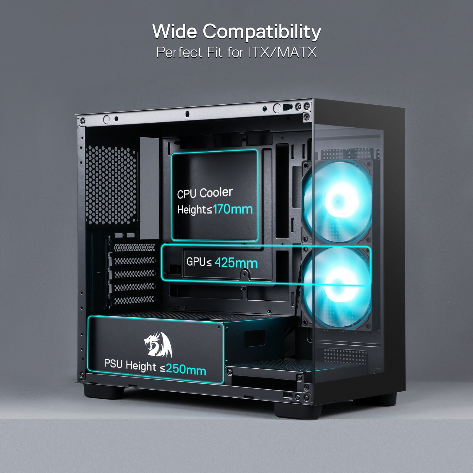 Redragon GC218M Gaming Back-Mounted PC Case, M-ATX Computer Chassis w/ 2 x 120mm Fans Pre-Installed & High Airflow Perforated Panels, 270° Full View, Easy Cable Management, Black