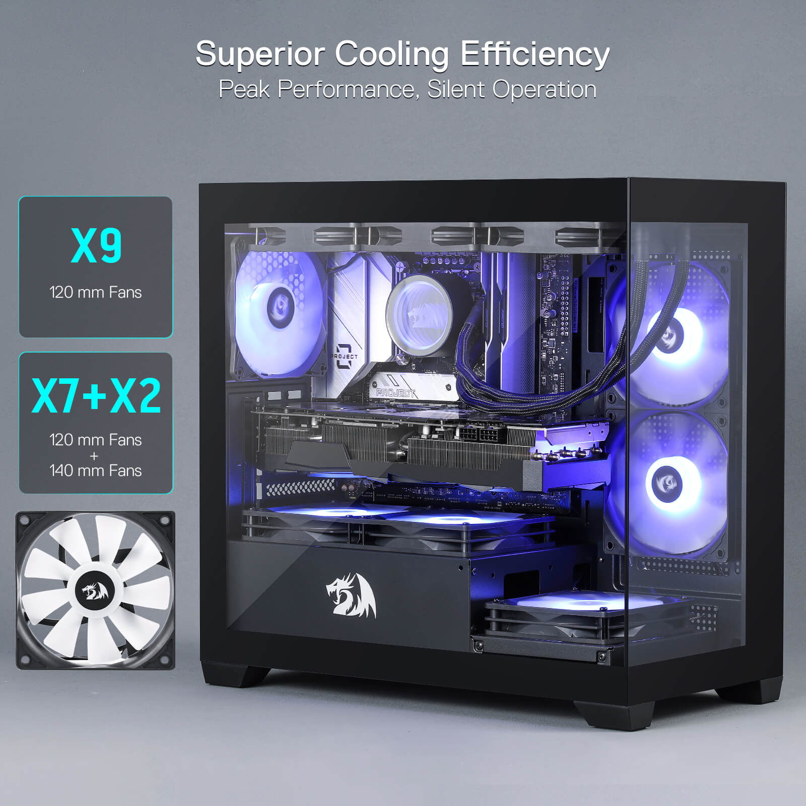 Redragon GC218M Gaming Back-Mounted PC Case, M-ATX Computer Chassis w/ 2 x 120mm Fans Pre-Installed & High Airflow Perforated Panels, 270° Full View, Easy Cable Management, Black