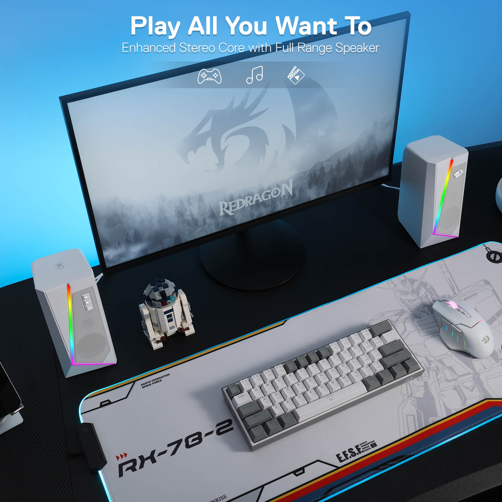 Speaker Desktop RGB Redragon GS520, Speaker Stereo Komputer PC 2.0 Saluran dengan 6 Mode LED Berwarna, Suara yang Ditingkatkan dan Kontrol Volume Akses Mudah, Didukung USB dengan Kabel 3.5mm, Putih