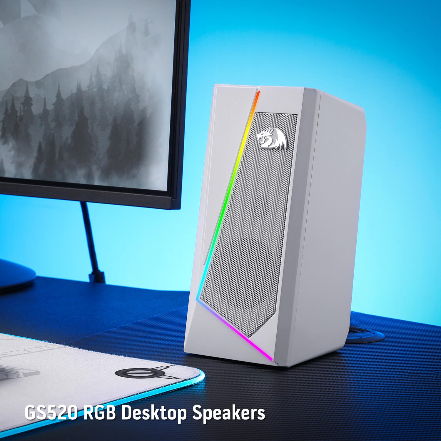 Speaker Desktop RGB Redragon GS520, Speaker Stereo Komputer PC 2.0 Saluran dengan 6 Mode LED Berwarna, Suara yang Ditingkatkan dan Kontrol Volume Akses Mudah, Didukung USB dengan Kabel 3.5mm, Putih