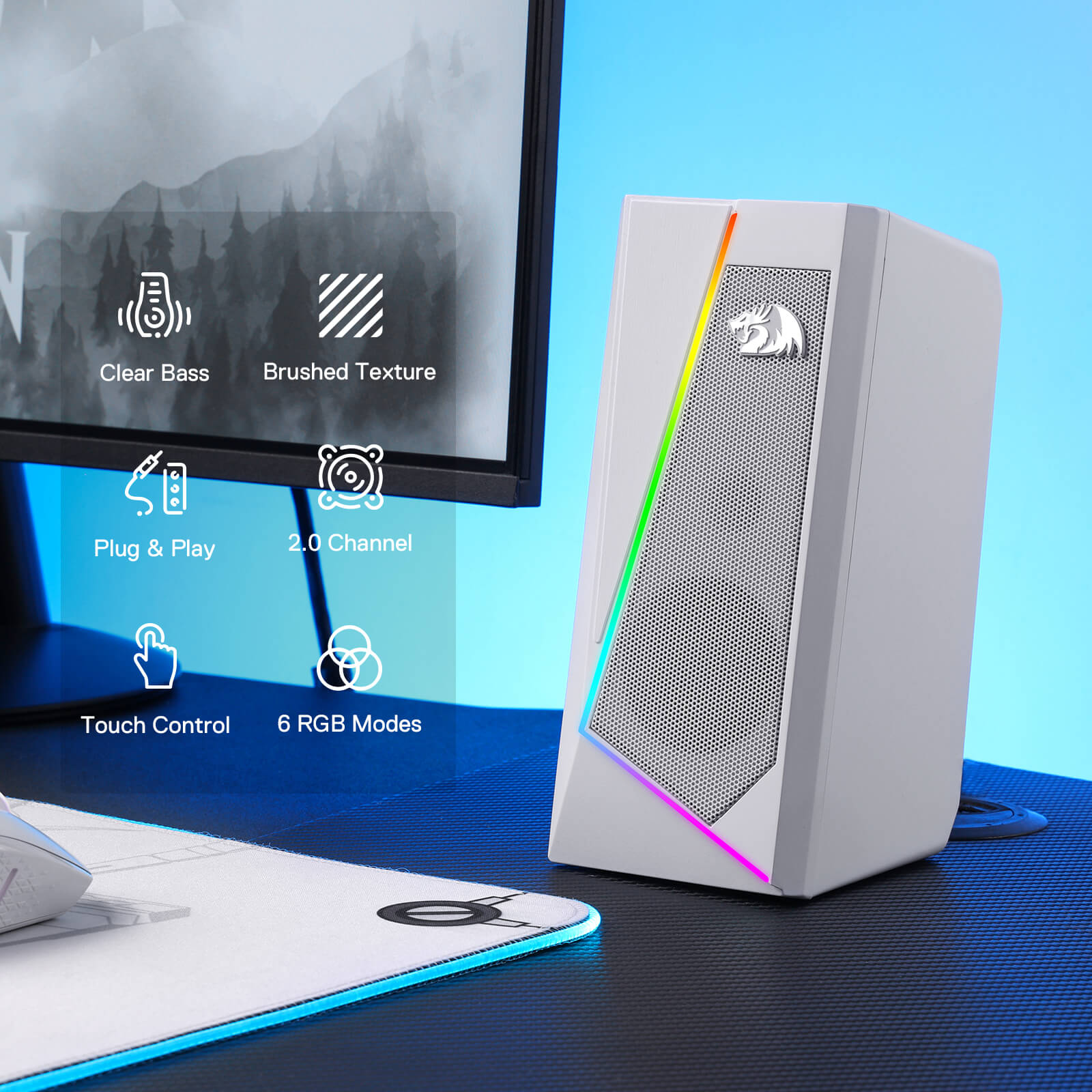 Speaker Desktop RGB Redragon GS520, Speaker Stereo Komputer PC 2.0 Saluran dengan 6 Mode LED Berwarna, Suara yang Ditingkatkan dan Kontrol Volume Akses Mudah, Didukung USB dengan Kabel 3.5mm, Putih