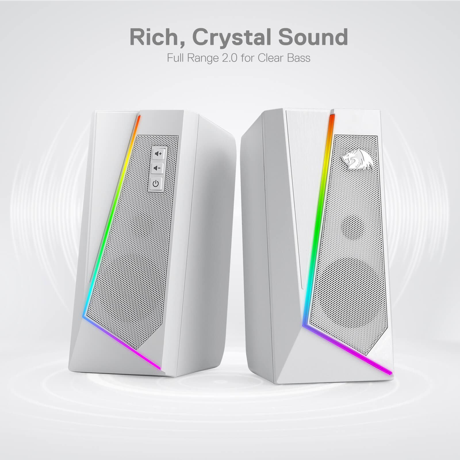 Speaker Desktop RGB Redragon GS520, Speaker Stereo Komputer PC 2.0 Saluran dengan 6 Mode LED Berwarna, Suara yang Ditingkatkan dan Kontrol Volume Akses Mudah, Didukung USB dengan Kabel 3.5mm, Putih