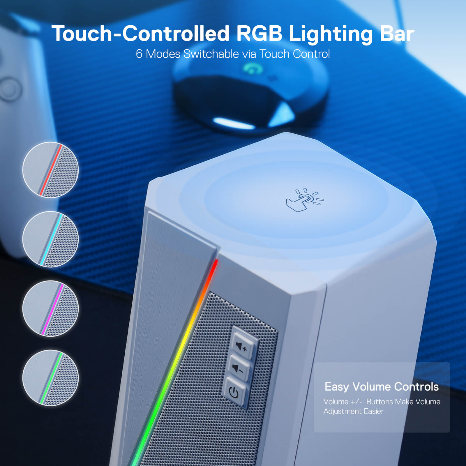 Speaker Desktop RGB Redragon GS520, Speaker Stereo Komputer PC 2.0 Saluran dengan 6 Mode LED Berwarna, Suara yang Ditingkatkan dan Kontrol Volume Akses Mudah, Didukung USB dengan Kabel 3.5mm, Putih