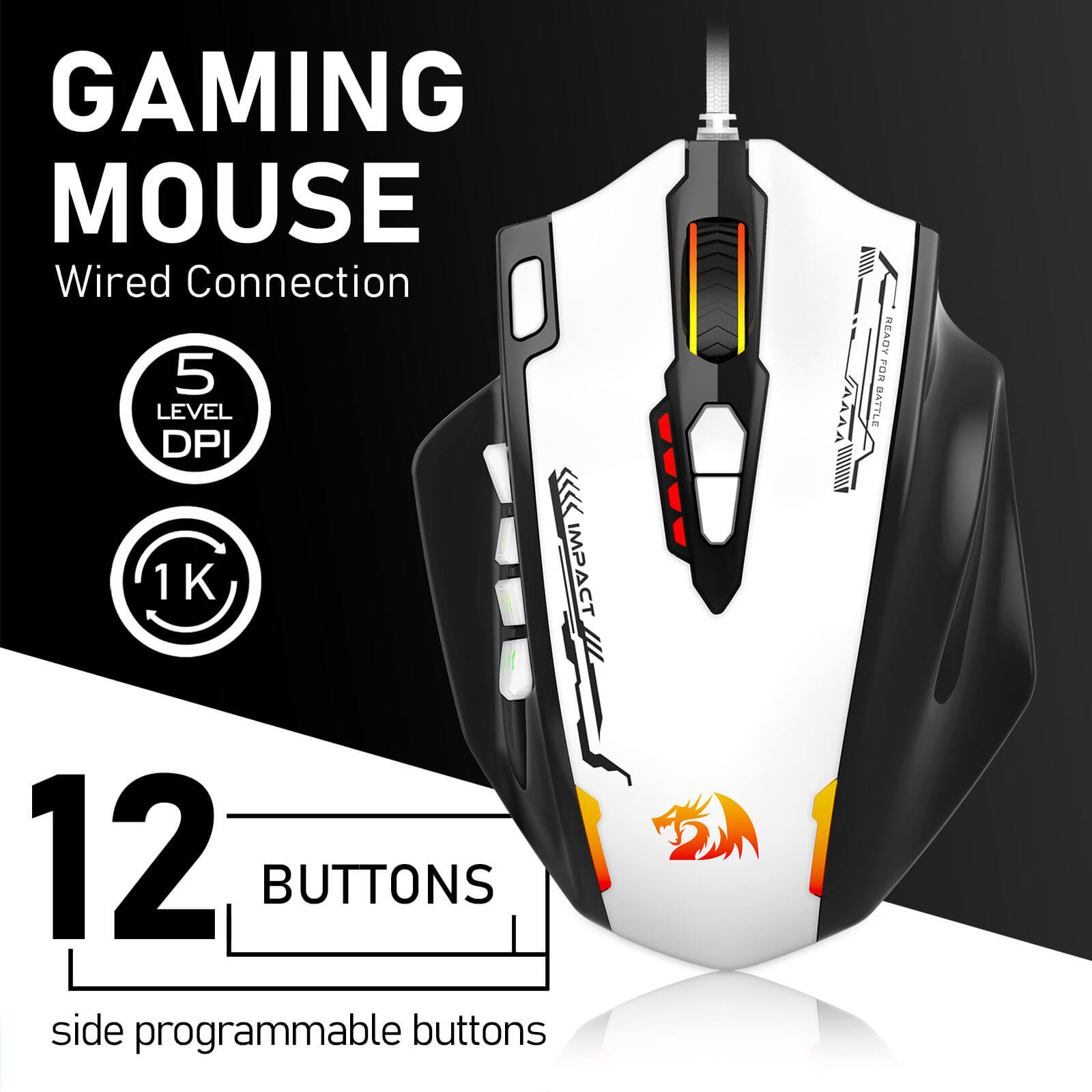 Gaming mouse with features highlighted on a black and white background