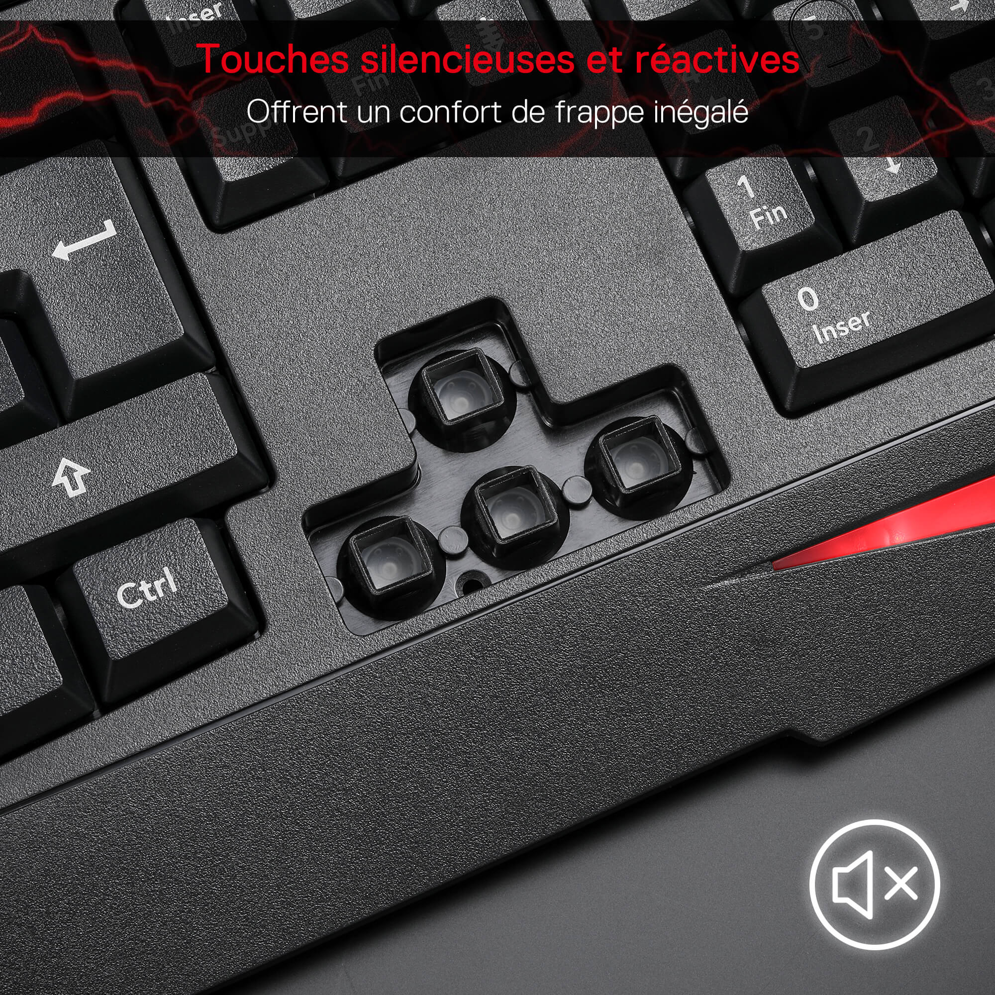 Close-up of a mechanical keyboard with red accents and text in French about silent and reactive keys.