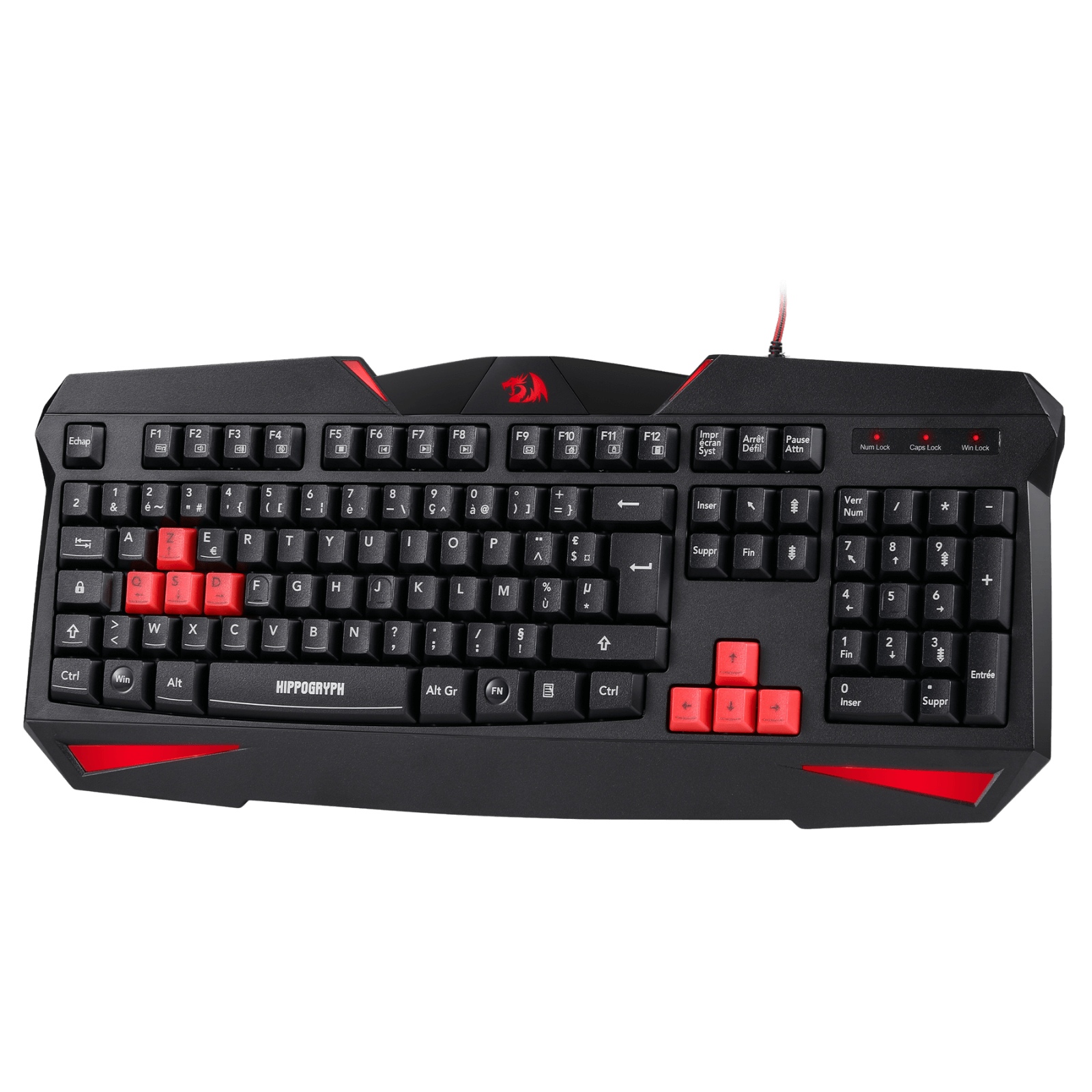 Black gaming keyboard with red accents on a white background