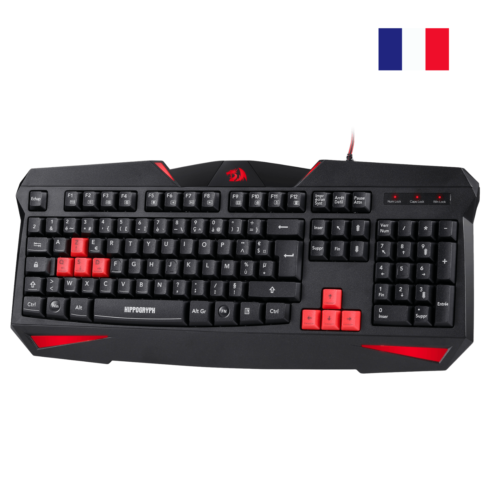 Black gaming keyboard with red accents on a white background, featuring a French flag icon.
