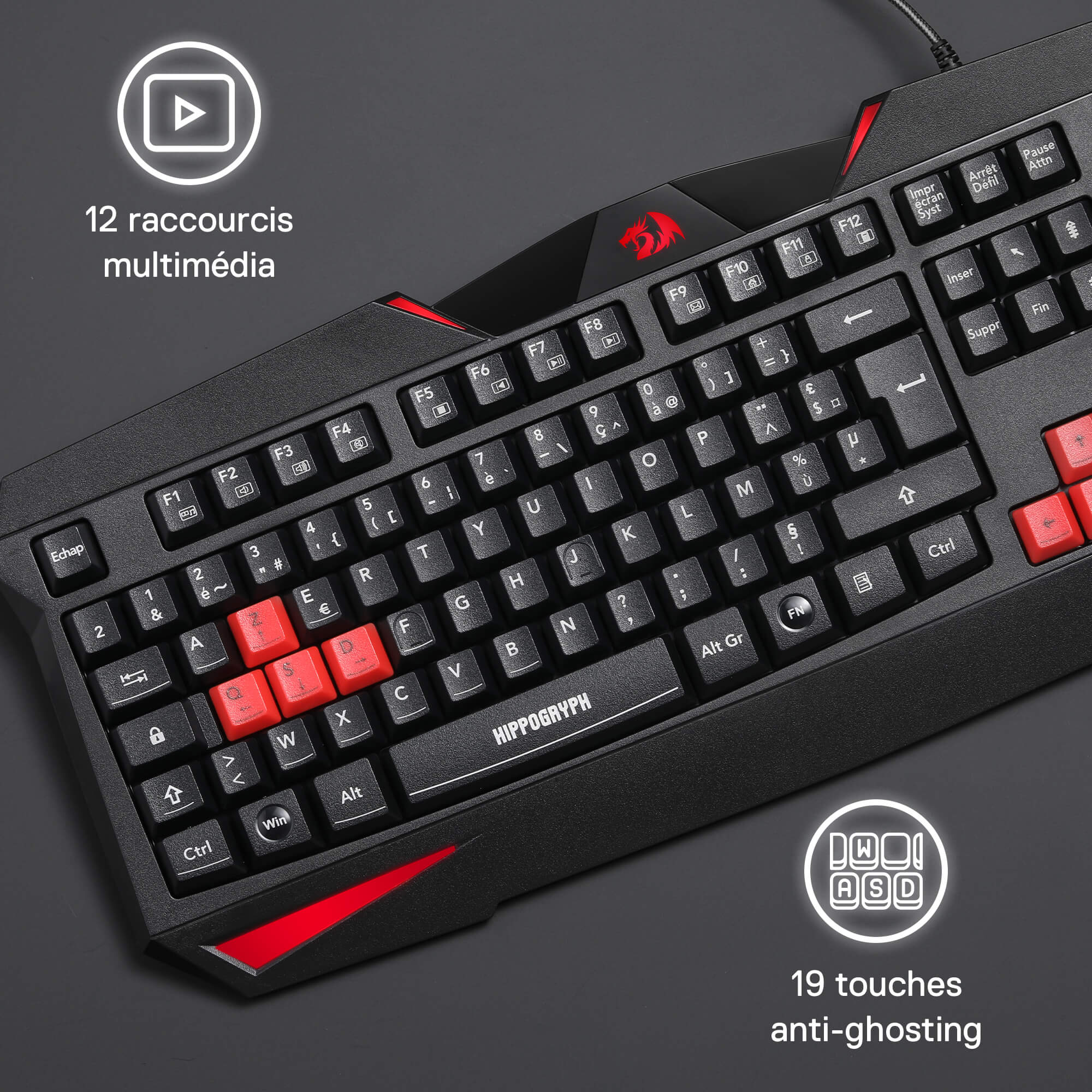 Gaming keyboard with red keys on a dark background
