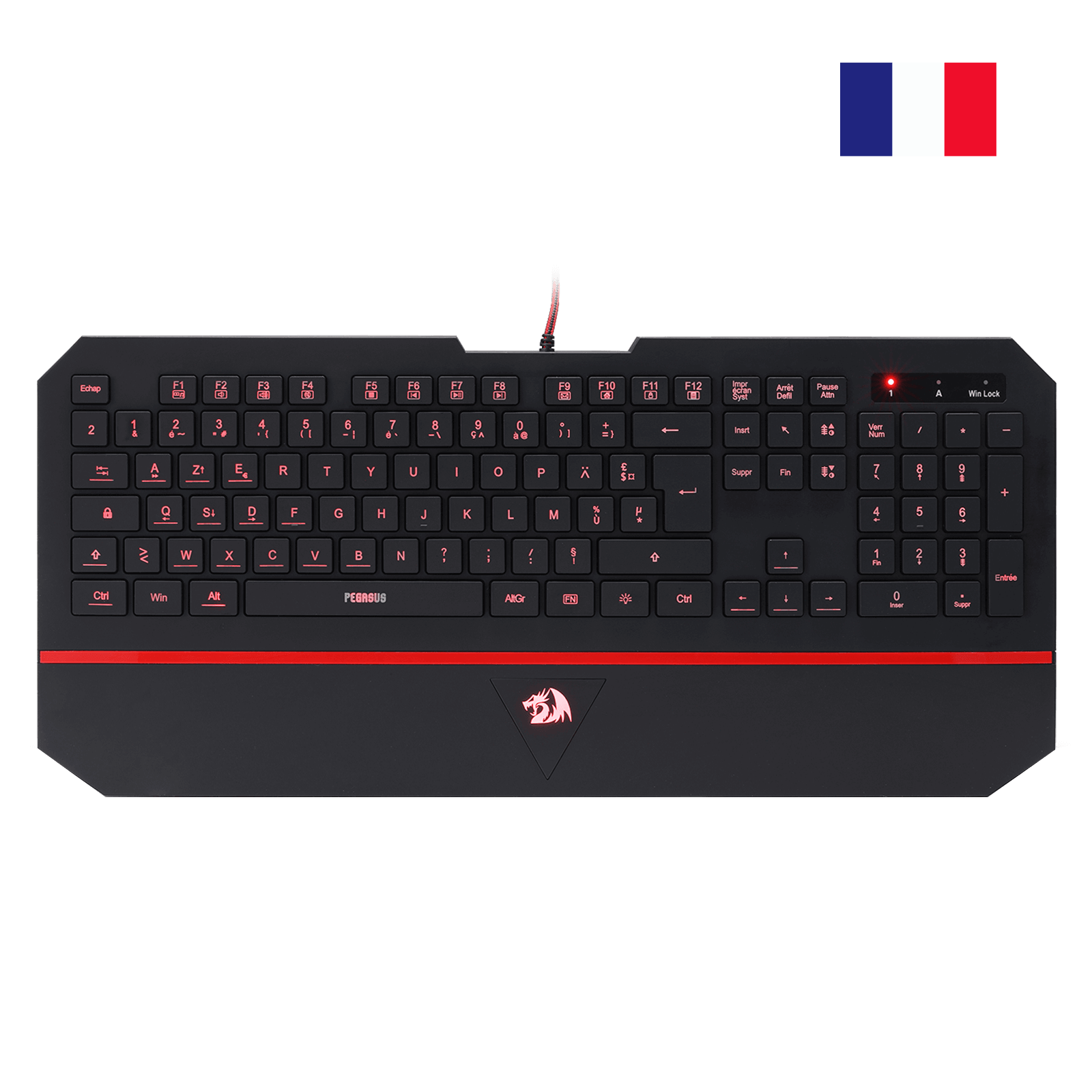 Gaming keyboard with red accents on a black background, featuring a logo.