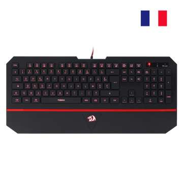 Gaming keyboard with red accents on a black background, featuring a logo.
