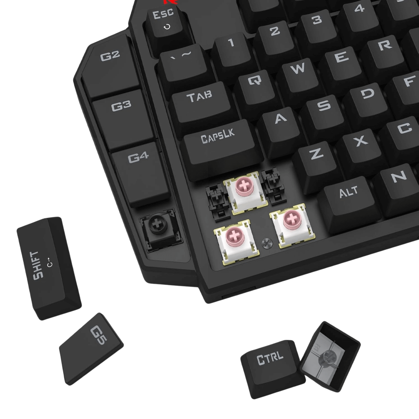 Close-up of a mechanical keyboard with key components highlighted on a black background