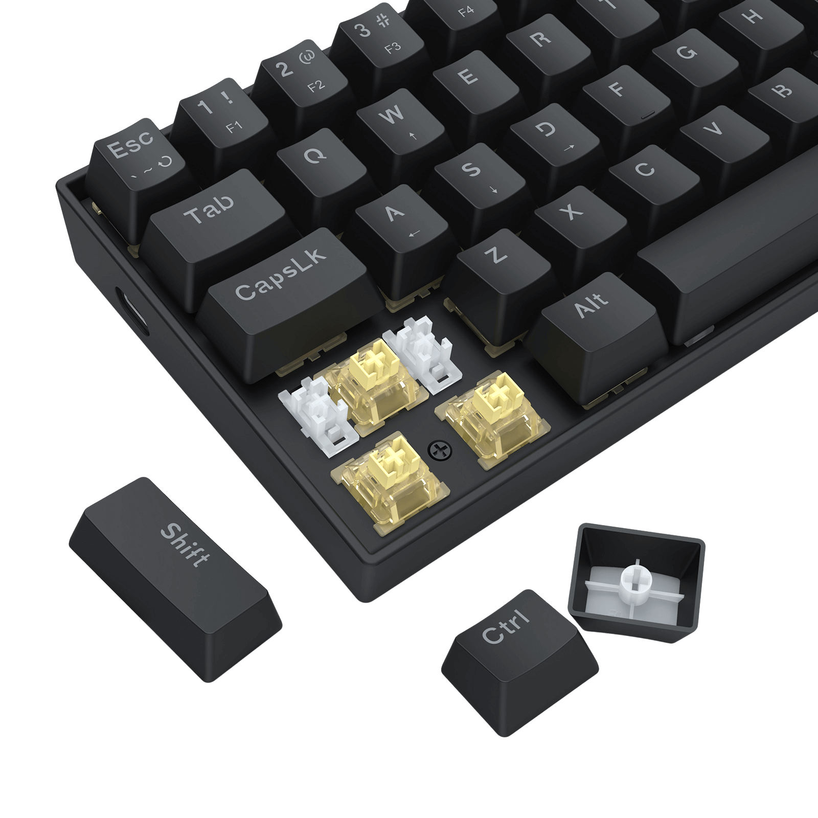 Redragon K617 FIZZ Keyboard with additional keycaps on a black background