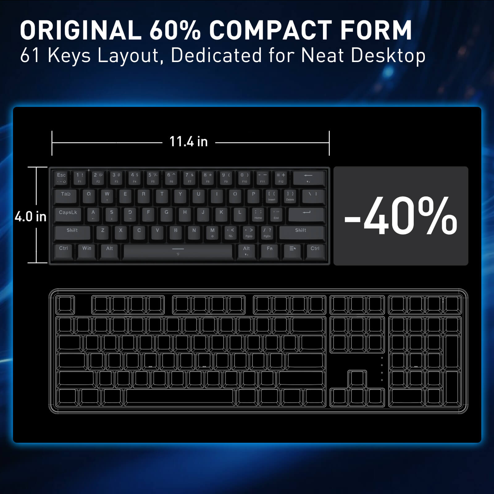 Redragon K617 FIZZ Keyboard with 60% compact form factor, 61 keys layout, and dimensions on a dark background.