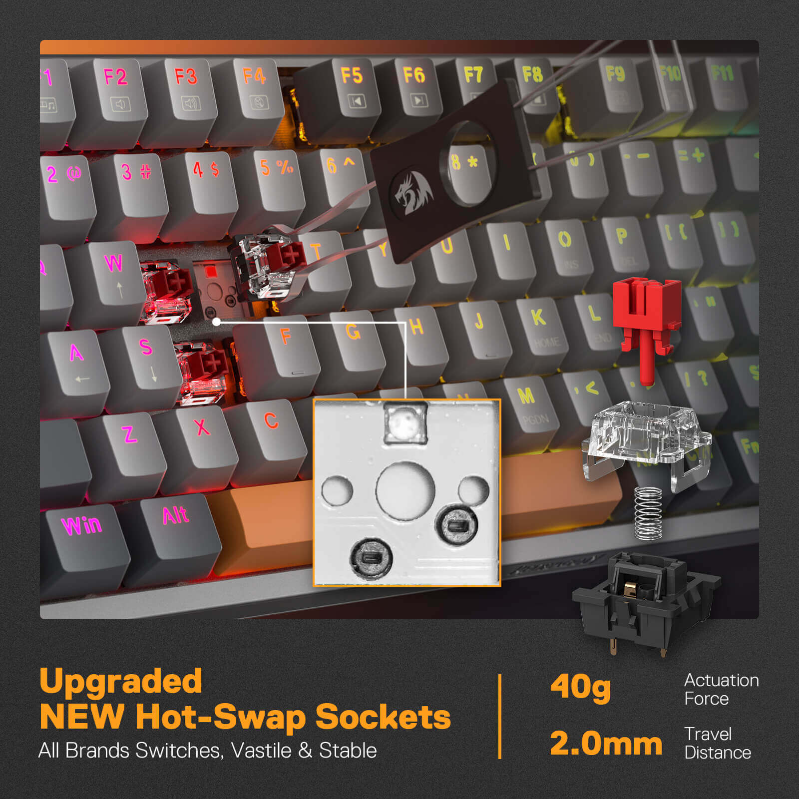 Redragon K648 90% Wired Aluminum RGB Gaming Keyboard, 94 Keys Tactical Mechanical Keyboard w/Hot-Swap Socket, Rock-Solid Metal Board Built-in Noise Absorbing Foams & Wrist Support, Quiet Red Switch