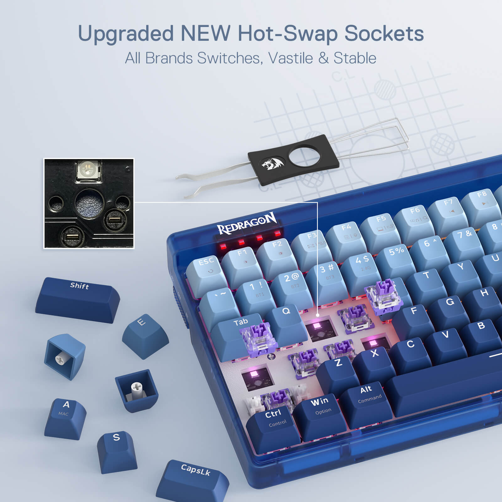 Redragon K656 PRO 3-Mode Wireless RGB Gaming Keyboard, 100 Keys Mechanical Keyboard w/Translucent Board, Hot-Swappable Socket, Sound Absorbing Foam & Custom Tactile Switch, Gradient BlueMade