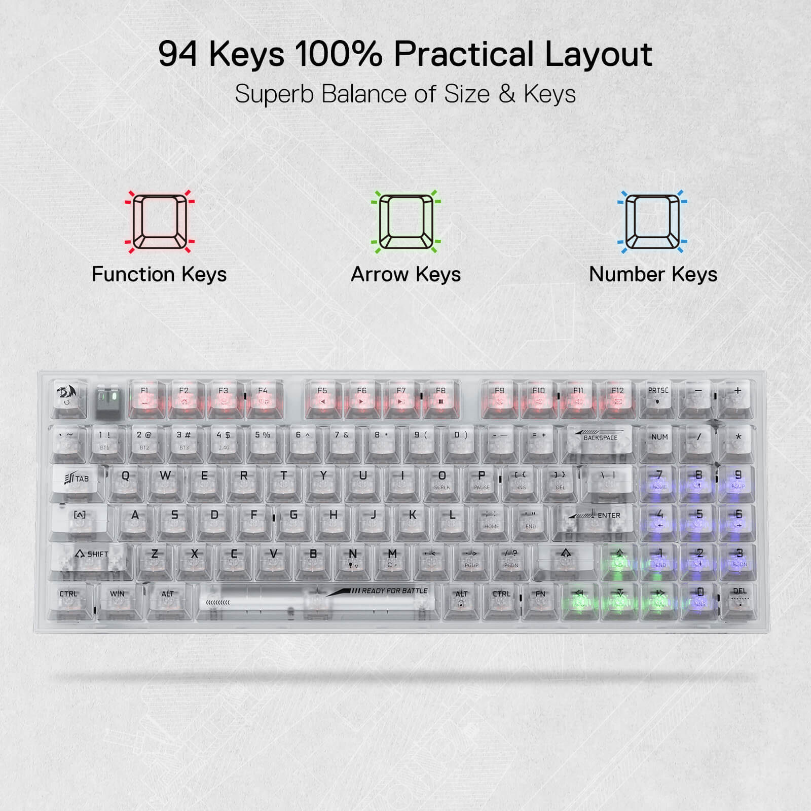 Redragon K658 PRO SE 90% 3-Mode Wireless RGB Gaming Keyboard, 94 Keys Full-Transparent Hot-Swap Mechanical Keyboard w/Upgraded Socket, Sound Absorbing Foams, Full Numpad, Translucent Custom Switch