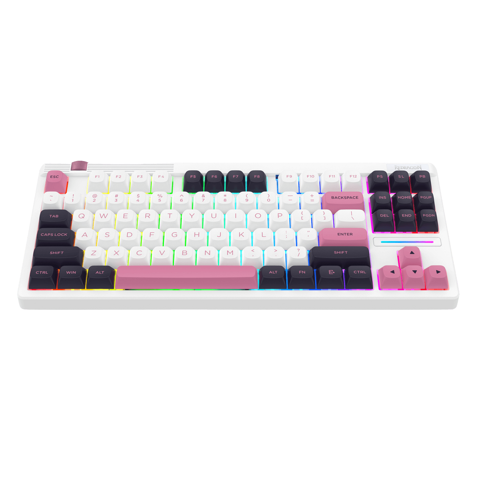 Mechanical keyboard with colorful keycaps on a white frame against a black background