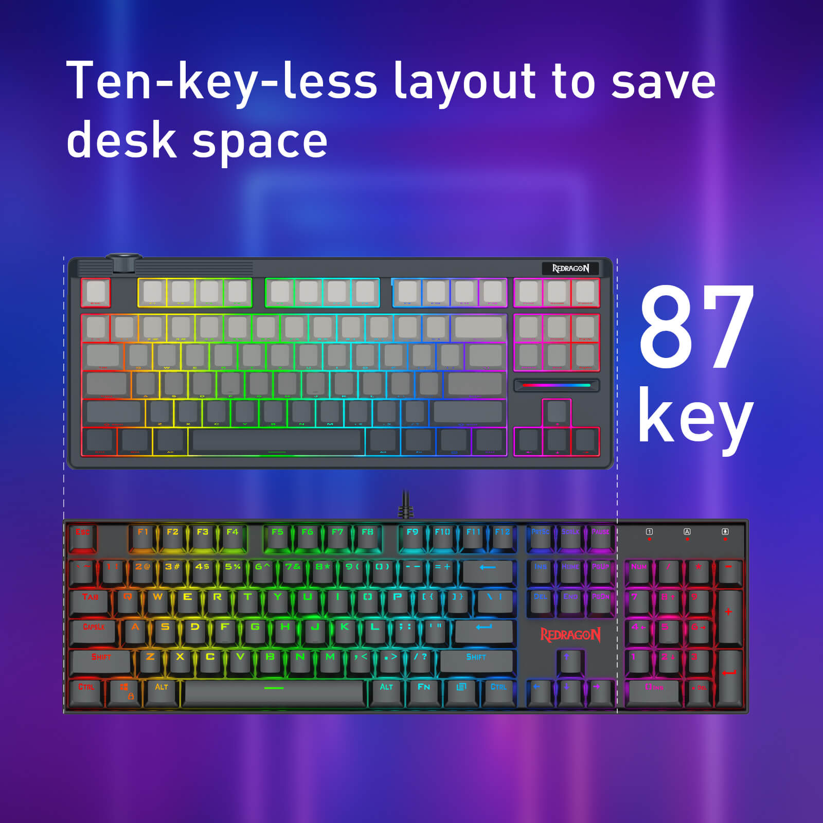 Keyboard with ten-key-less layout on a purple gradient background