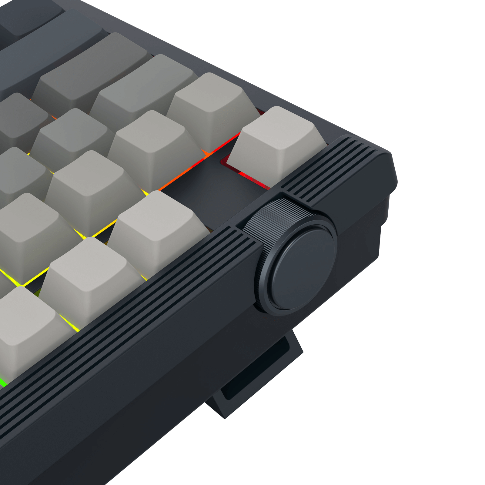 Close-up of a mechanical keyboard with gray keys and black frame on a transparent background