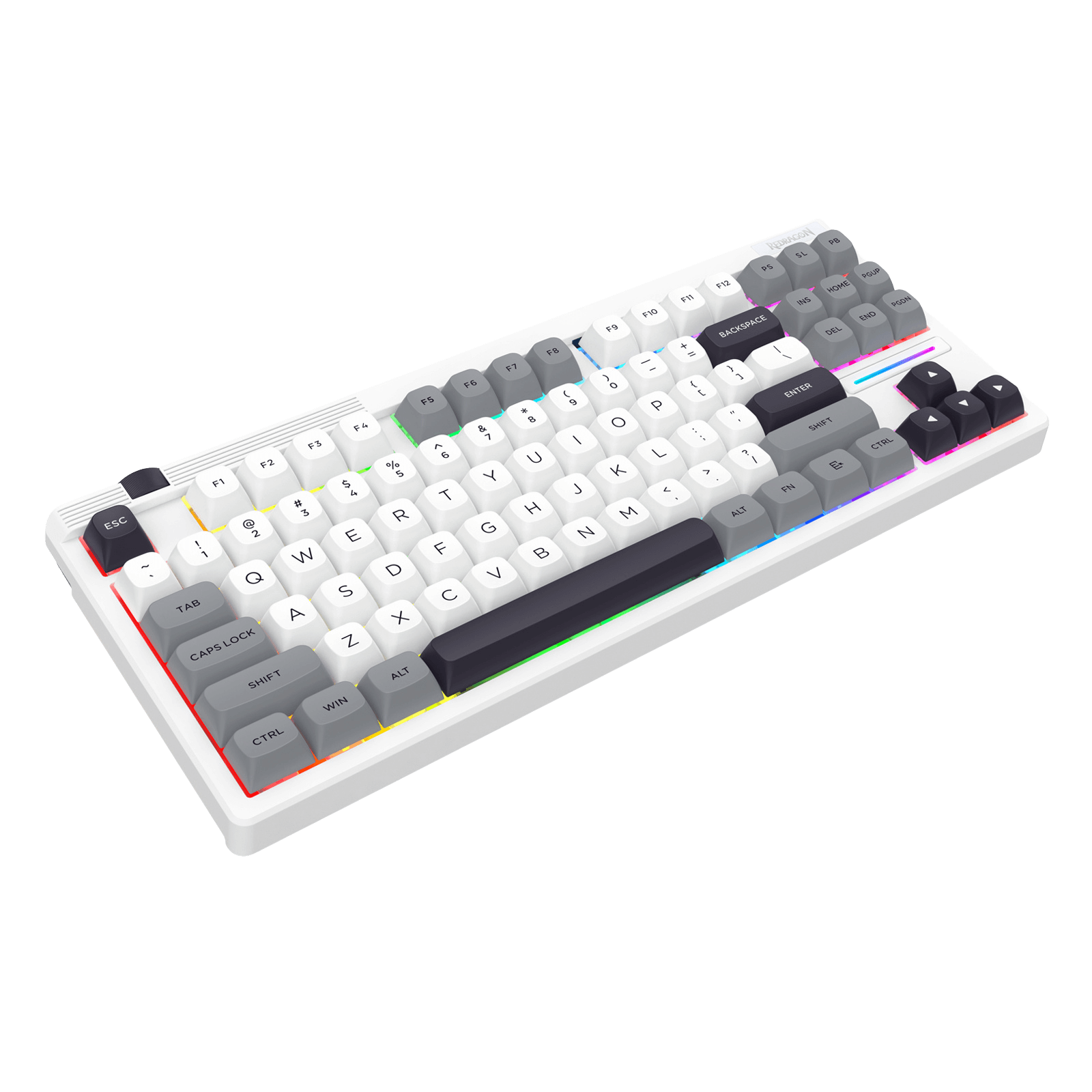 Mechanical keyboard with white frame and gray and black keys on a white background