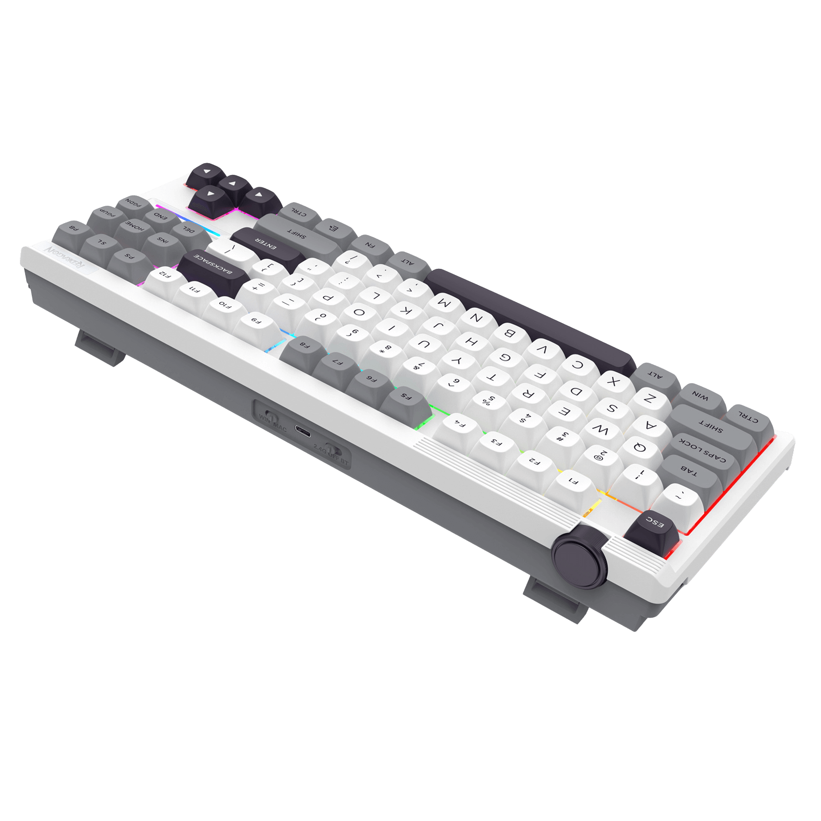 Mechanical keyboard with white and gray keys on a black background