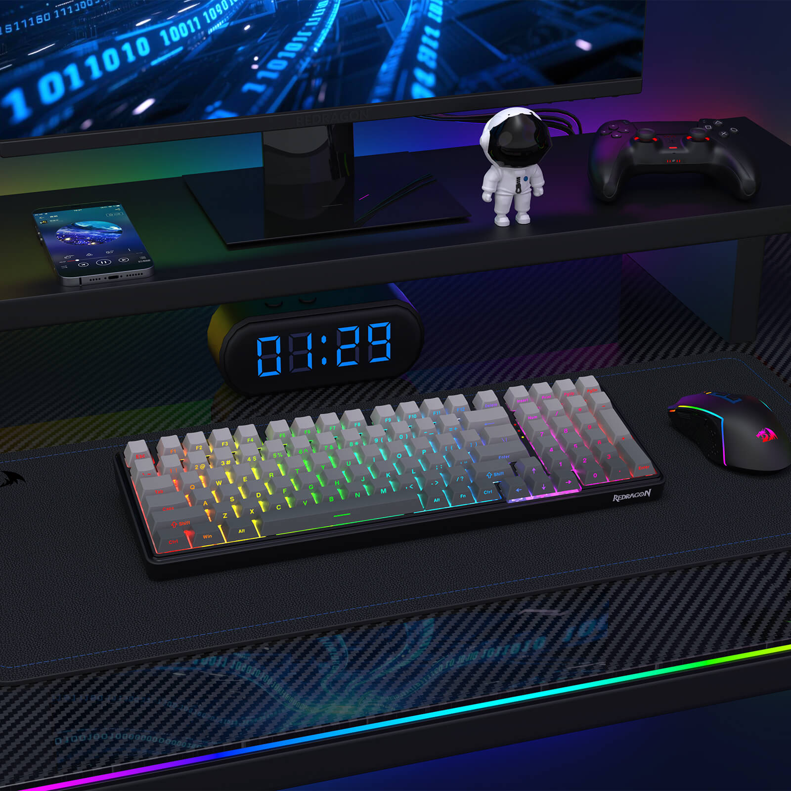 Gaming setup with keyboard, mouse, and monitor on a desk