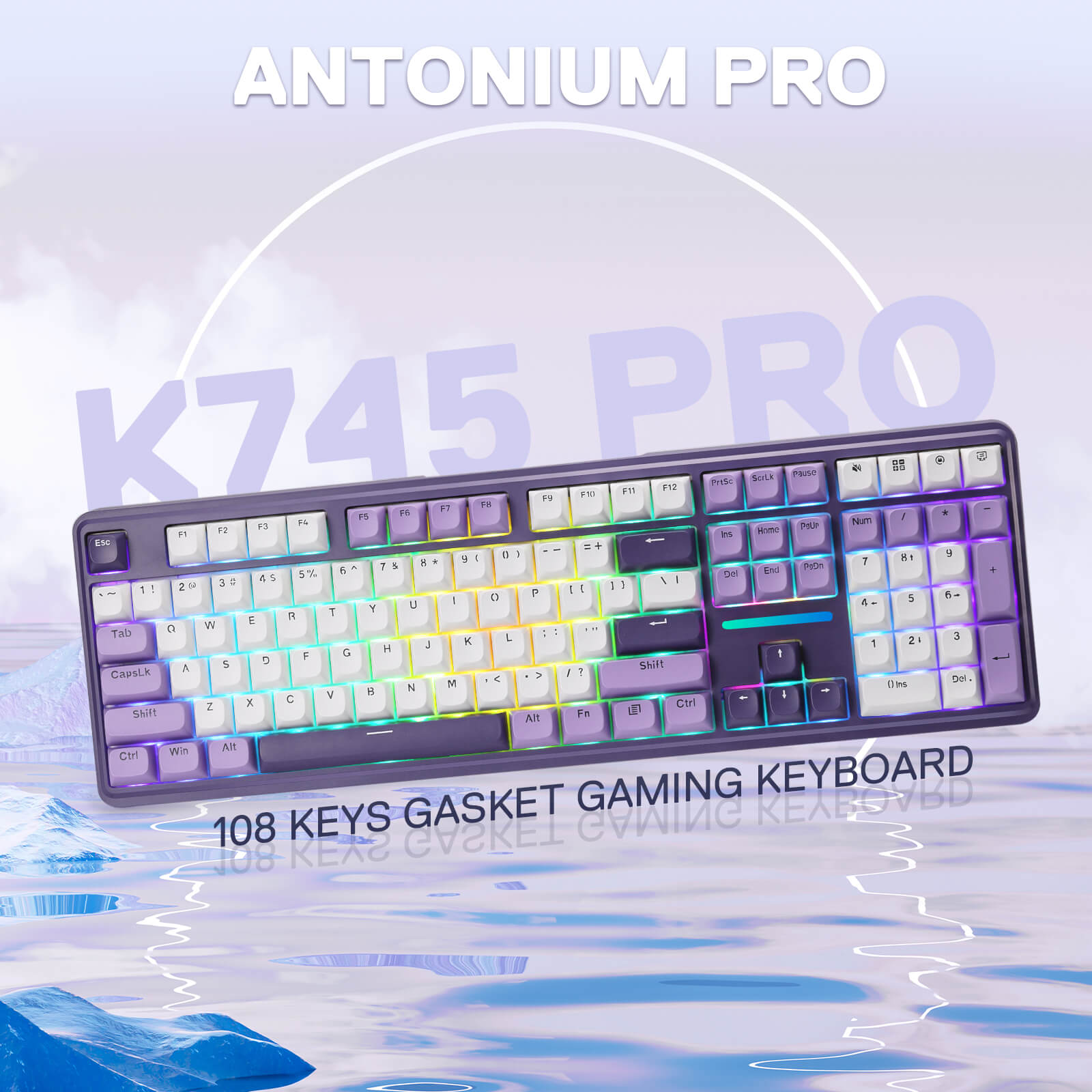 Redragon K745 PRO Gaming keyboard with colorful backlighting on a light blue gradient background, featuring 'Antonium Pro' branding.