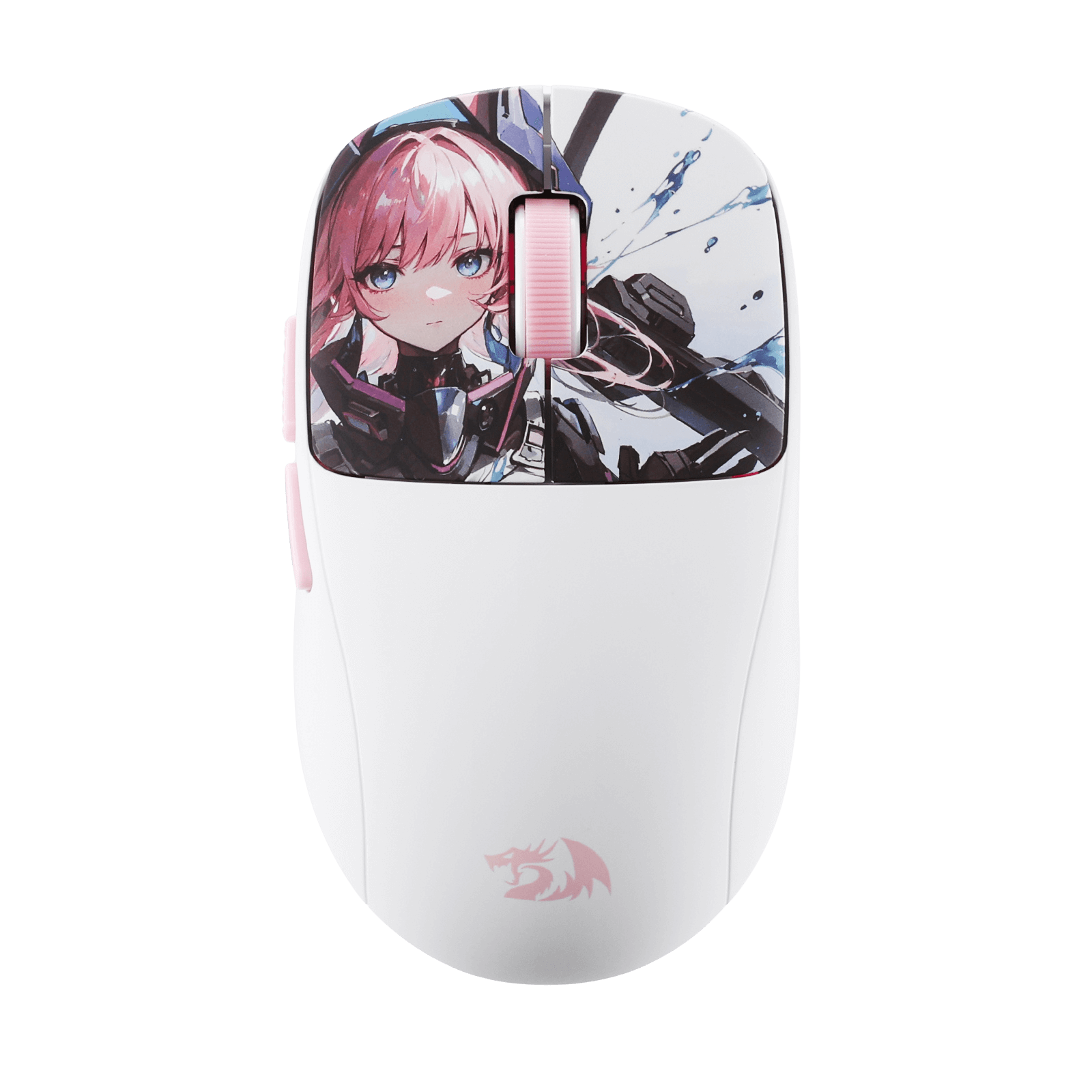 Redragon Anime M817 PRO White gaming mouse with anime character design on a black background