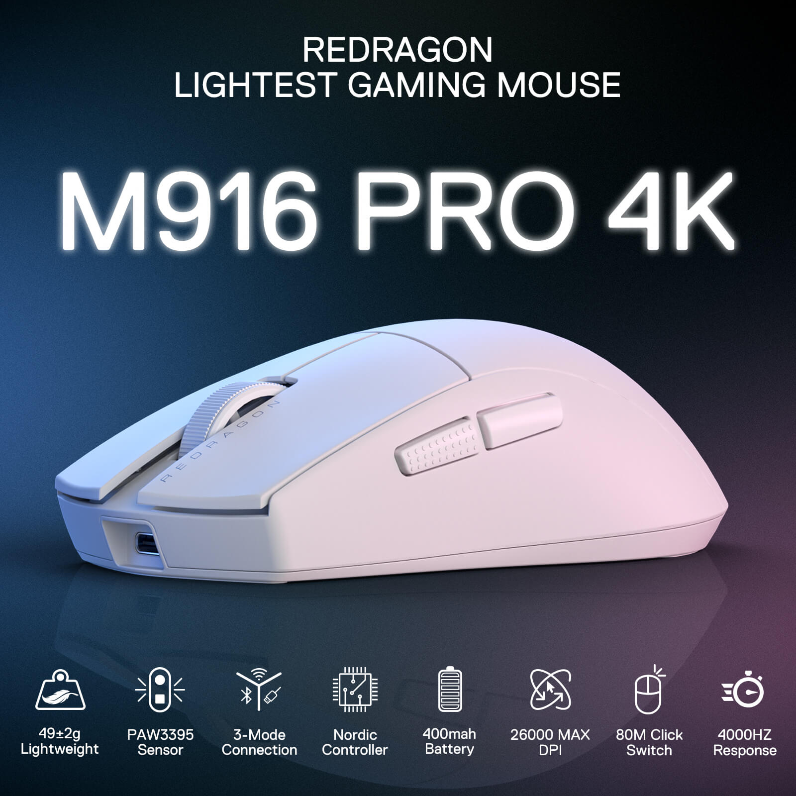 Redragon M916 PRO 3-Mode Wireless Gaming Mouse, Hype-Speed 4K Polling Rate