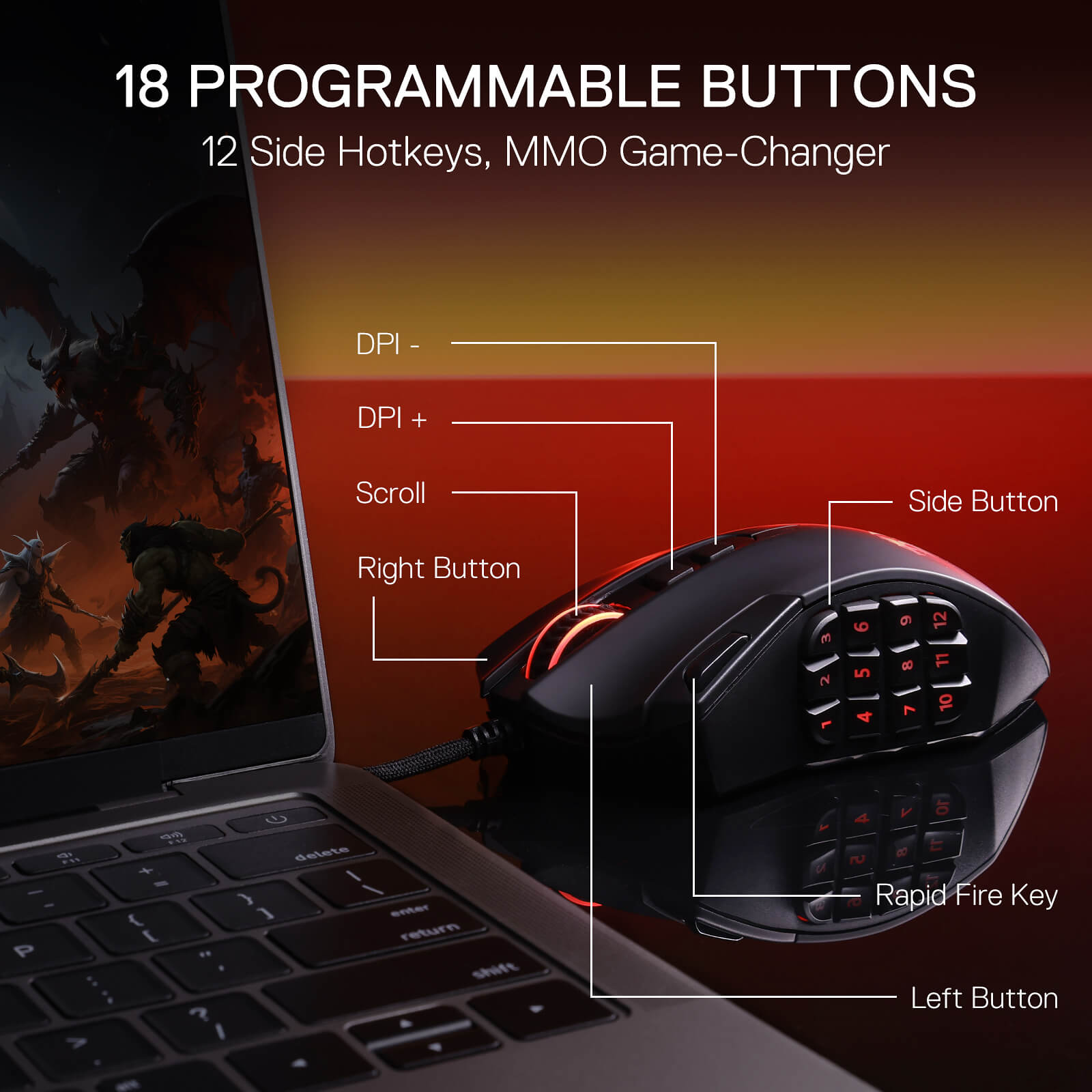 Redragon M921 MMO Gaming Mouse, 12400 DPI High Precision Wired RGB Mice w/18 Programmable Buttons