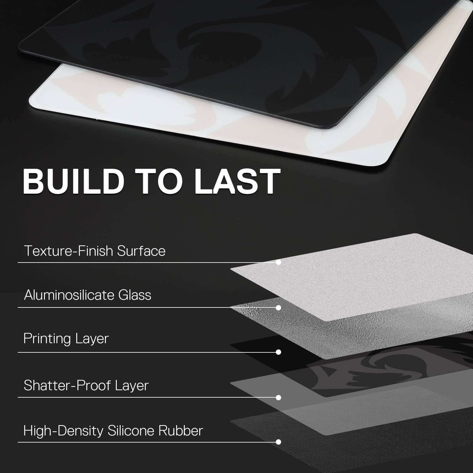 Glass screen protector with layers and 'Build to Last' text on a black background