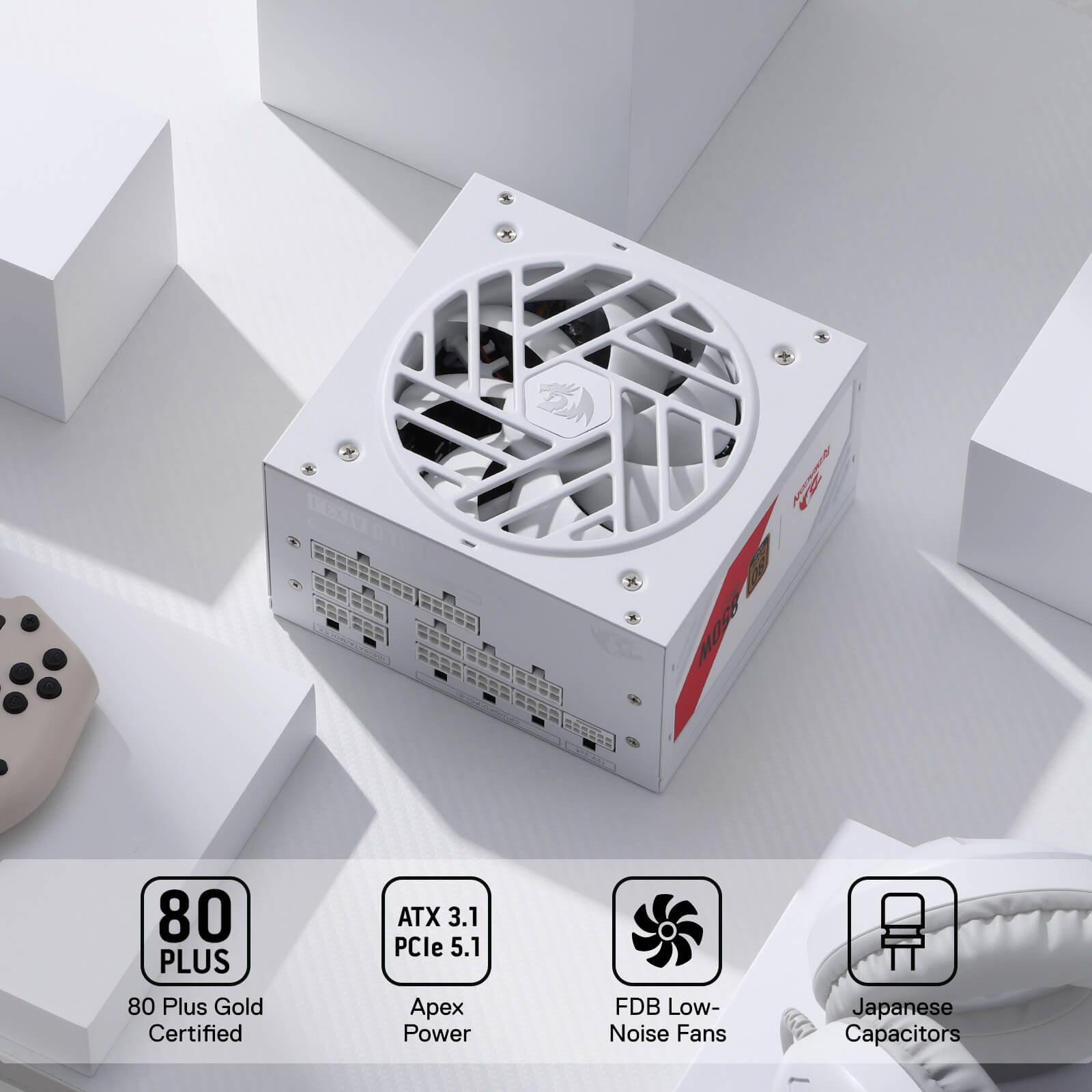 Redragon RGPS-850W PRO 80+ Gold 850 Watt Power Supply w/Upgraded ATX 3.1 & PCIe 5.1 Fully Modular, Compact 160mm Size, Smart ECO Low Noise Fan, 100% Japanese Capacitors, Full Mod Cables, black| show