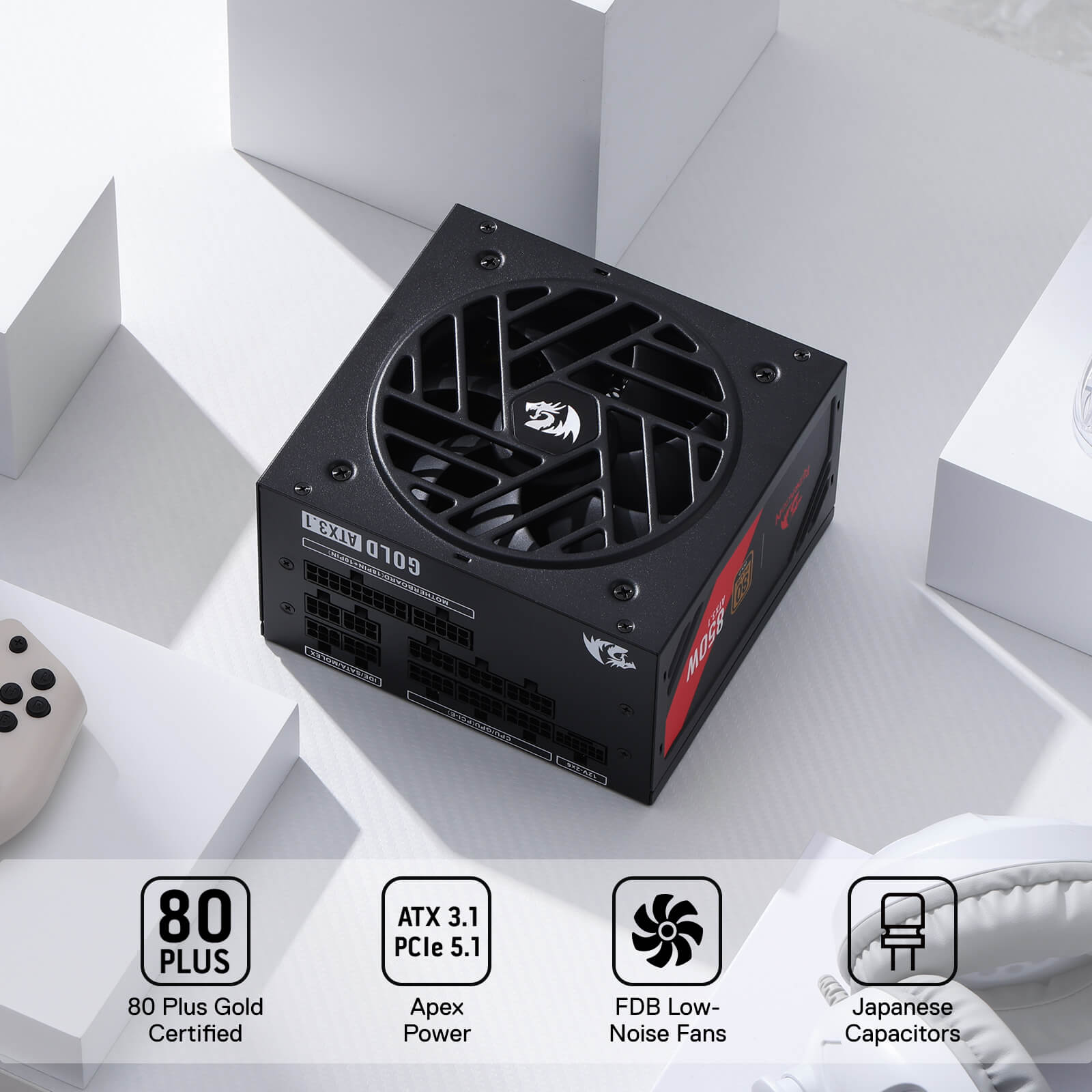 Redragon RGPS-850W PRO 80+ Gold 850 Watt Power Supply w/Upgraded ATX 3.1 & PCIe 5.1 Fully Modular, Compact 160mm Size, Smart ECO Low Noise Fan, 100% Japanese Capacitors, Full Mod Cables, black| show