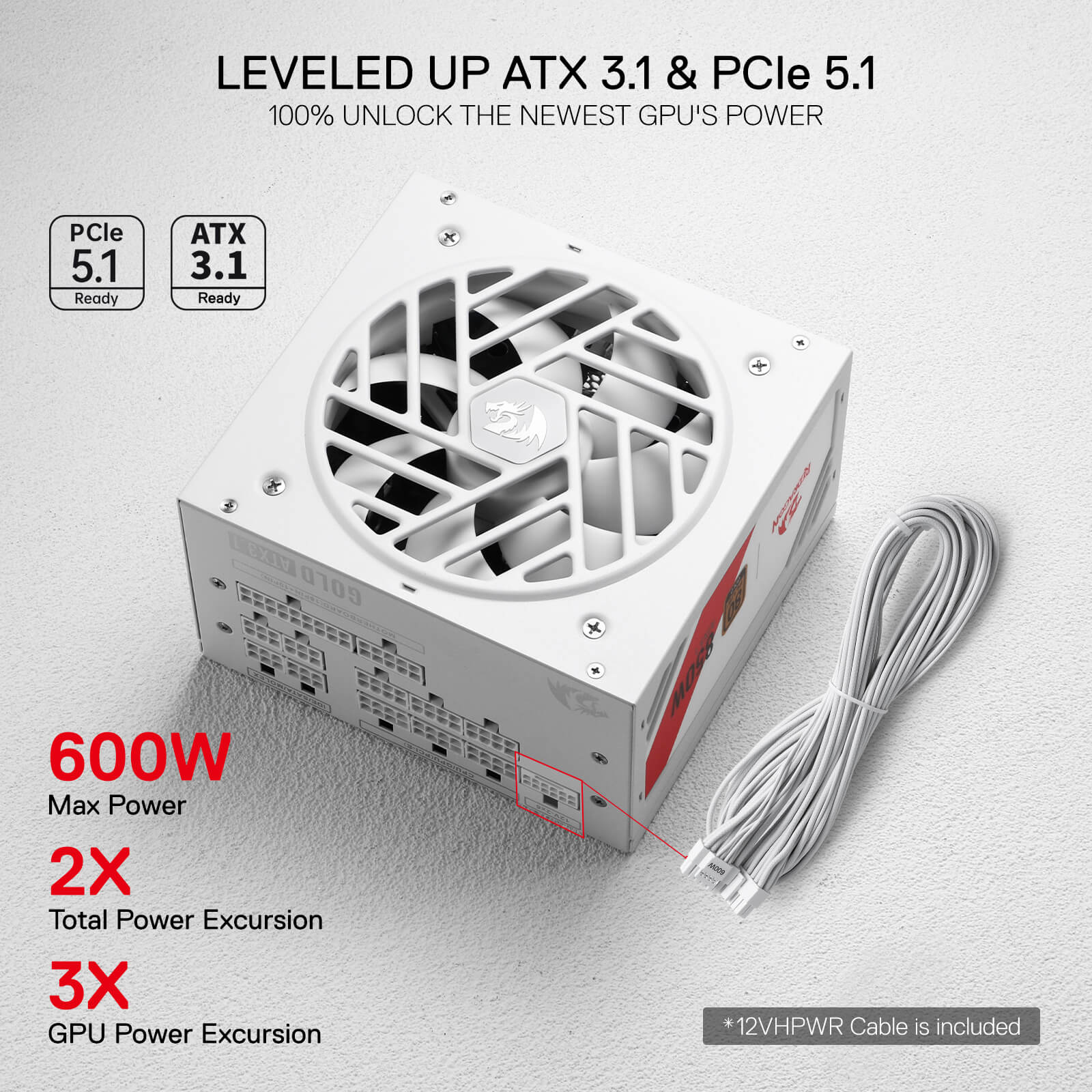 Redragon RGPS-850W PRO 80+ Gold 850 Watt Power Supply w/Upgraded ATX 3.1 & PCIe 5.1 Fully Modular, Compact 160mm Size, Smart ECO Low Noise Fan, 100% Japanese Capacitors, Full Mod Cables, black| show