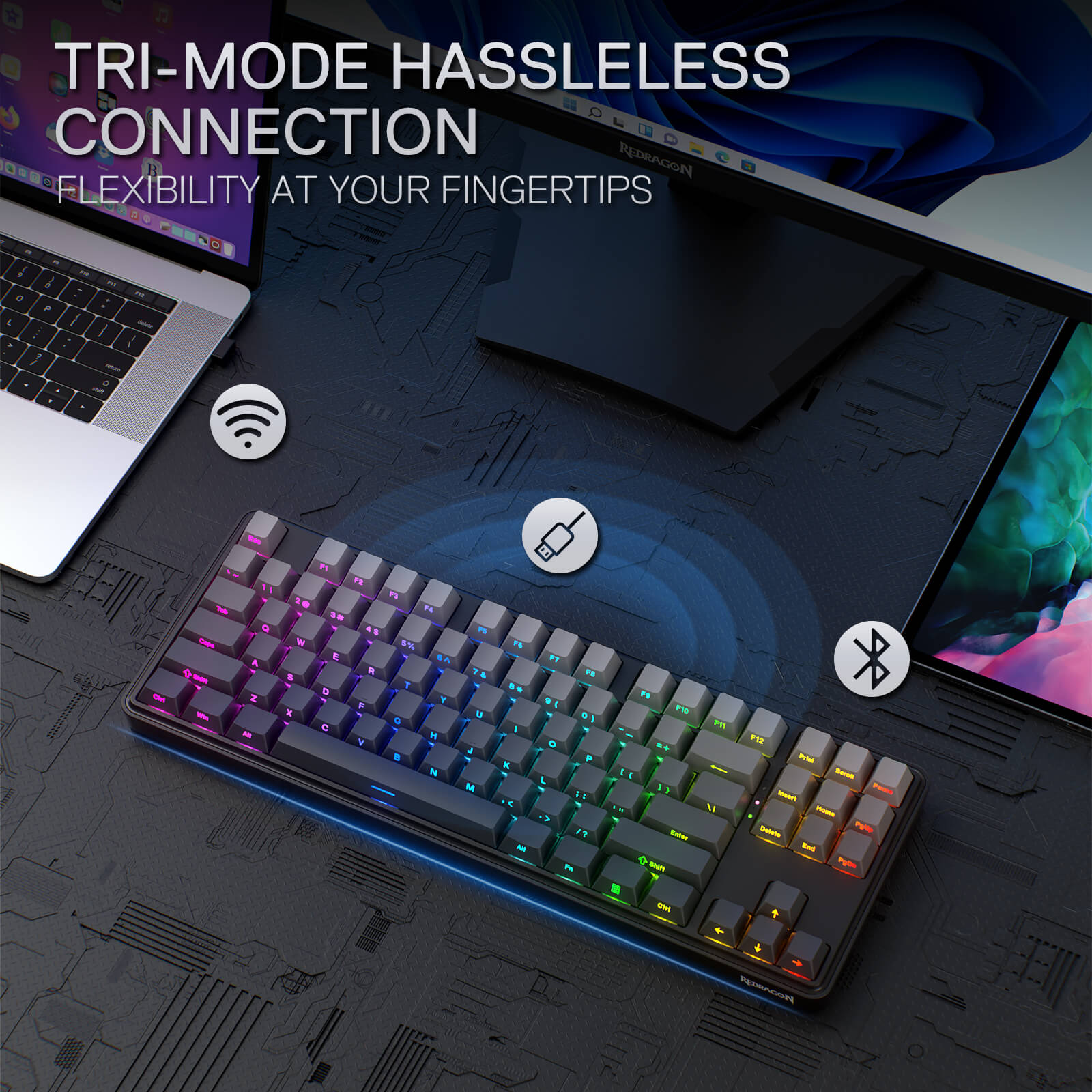 Redragon K707 PRO 80% Wireless Mechanical Gaming Keyboard, Gasket-Mount TKL with Tri-Mode Connectivity (USB-C, Bluetooth 3.0/5.0, 2.4GHz), Custom Mint Mambo Linear Switches, 5-Layer Noise Dampening, Side-Printed Black Gradient PBT Keycaps, RGB Backlit
