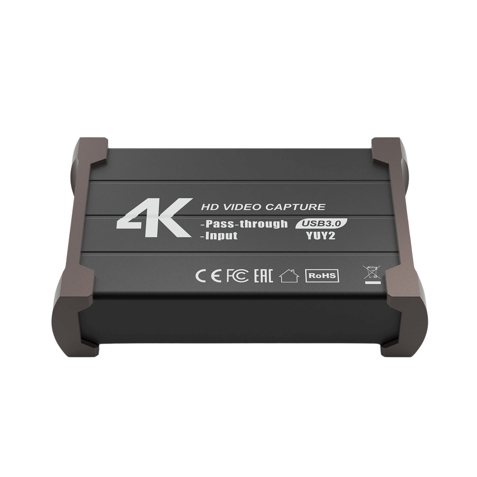 4K HD video capture device with branding on a black background