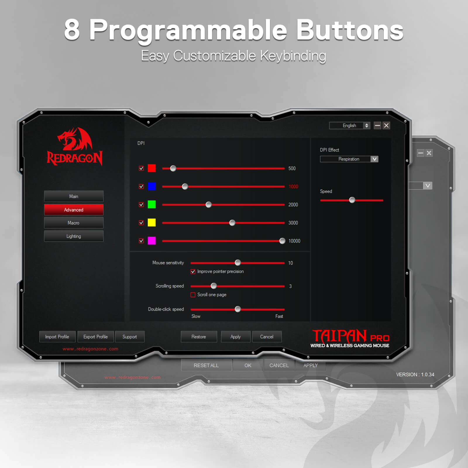 Mouse Gaming Nirkabel Redragon M810 Pro, Mouse Gamer Kabel/Nirkabel 10000 DPI dengan Tombol Rapid Fire, 8 Tombol Makro, Kapasitas Daya Tahan 45 Jam, dan Lampu Latar RGB untuk PC/Mac/Laptop