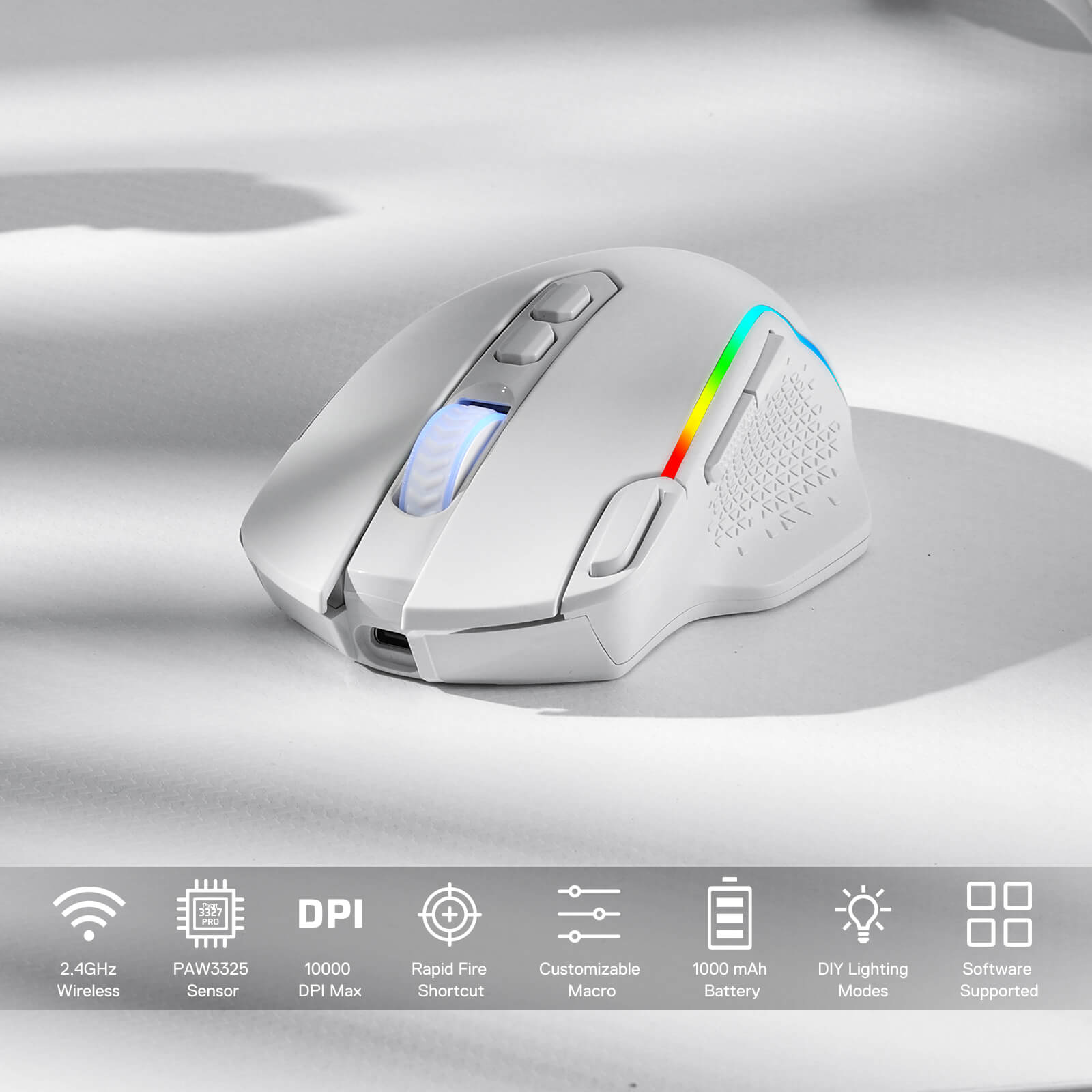 Mouse Gaming Nirkabel Redragon M810 Pro, Mouse Gamer Kabel/Nirkabel 10000 DPI dengan Tombol Rapid Fire, 8 Tombol Makro, Kapasitas Daya Tahan 45 Jam, dan Lampu Latar RGB untuk PC/Mac/Laptop